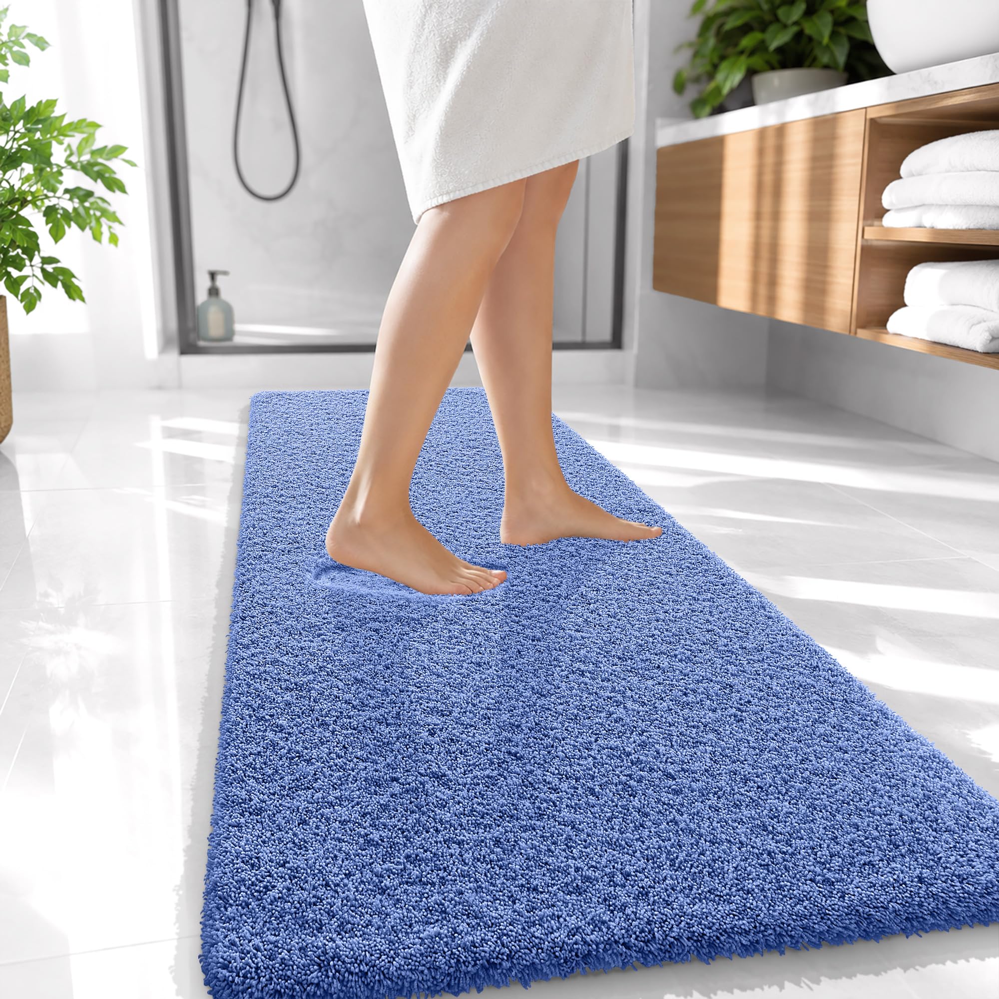 OLANLY Microfiber Bathroom Runner Rug 47x20, Soft Bath Mat, Cornflower Blue