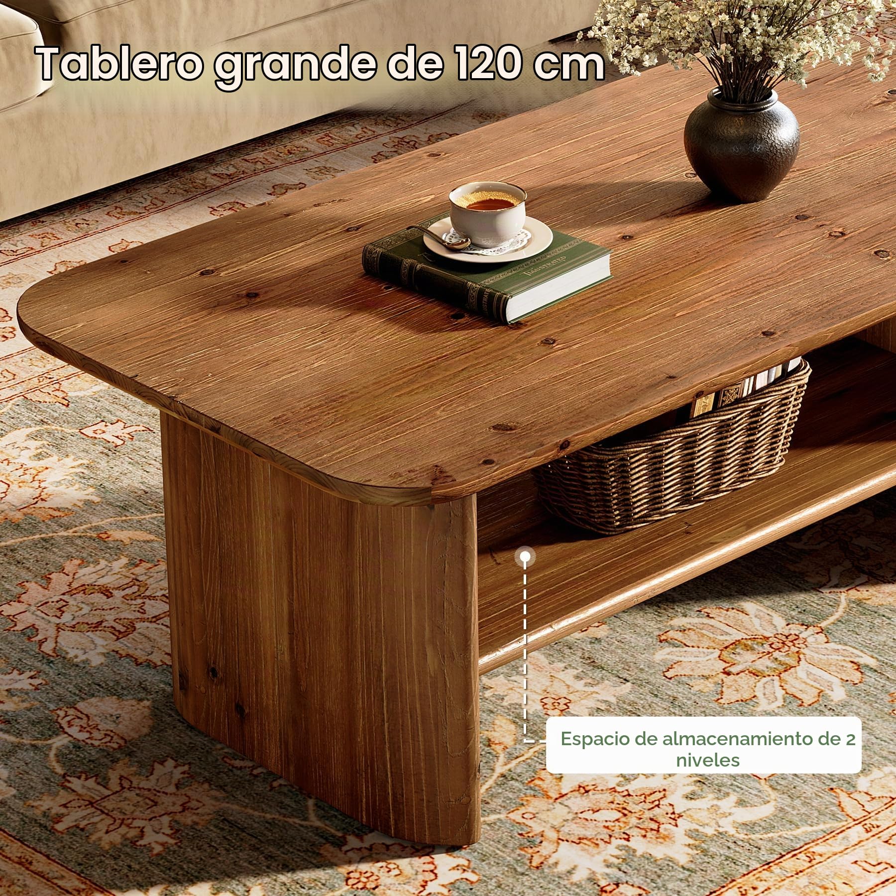Mesa de Centro de Madera Maciza, Mesa de Centro Rectangular de 120 cm con Espacio de Almacenamiento, Mesita Auxiliar, Mesa de Té para Salón Oficina, Marrón