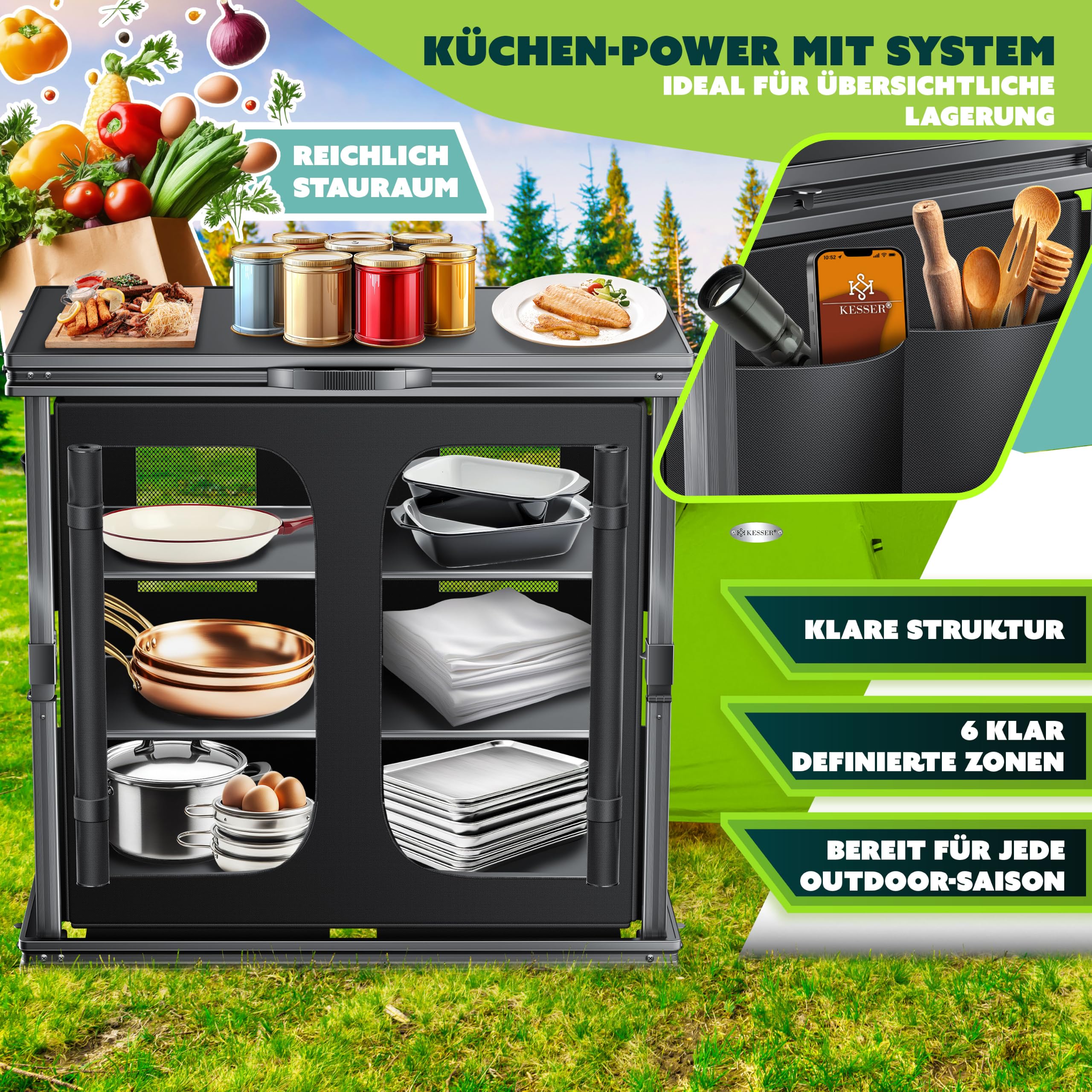 KESSER Mobiletto da campeggio pieghevole in alluminio 84x80 cm 6 scomparti zanzariera UV