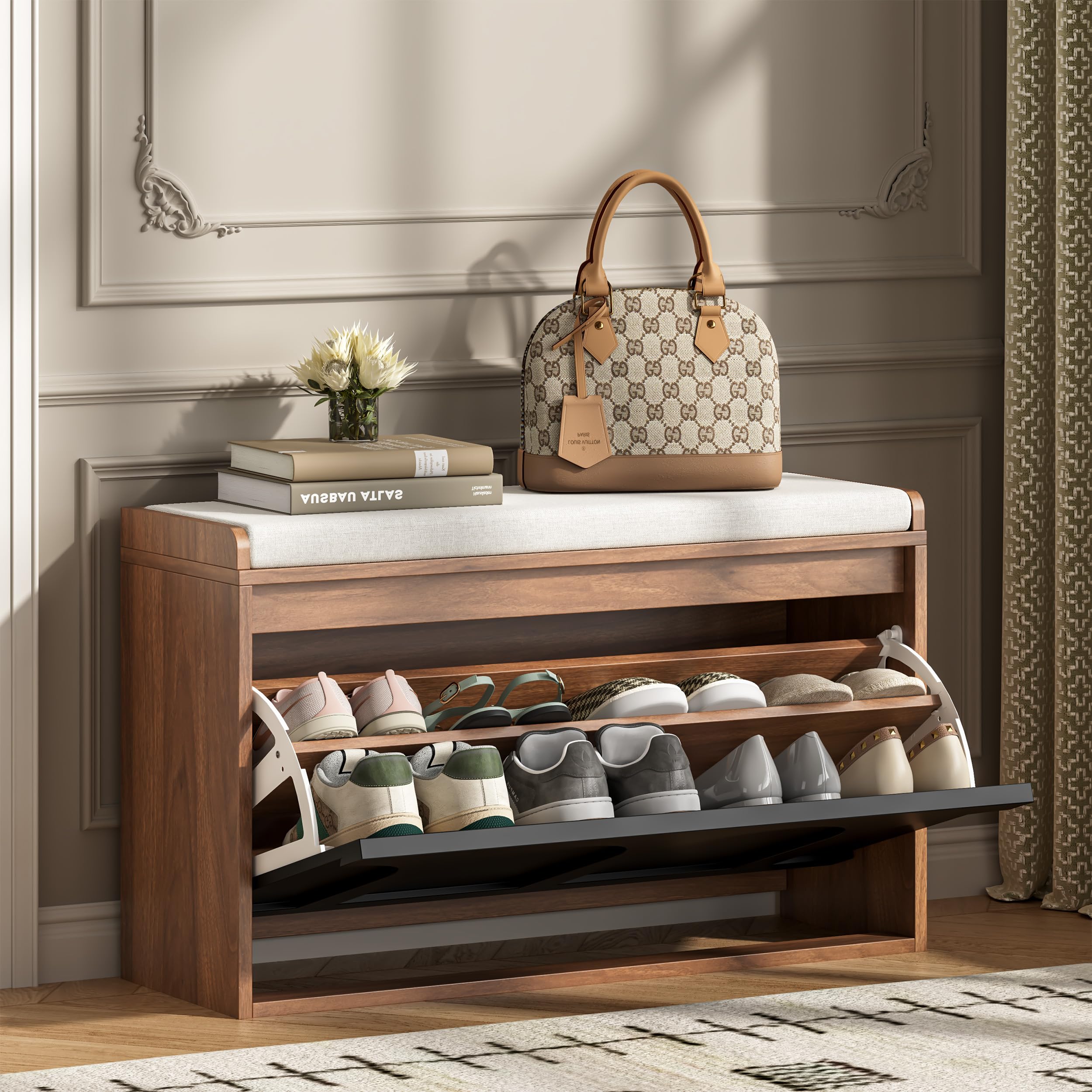 UEV Modern Wooden Shoe Storage Bench, Hallway Entryway Seat Unit