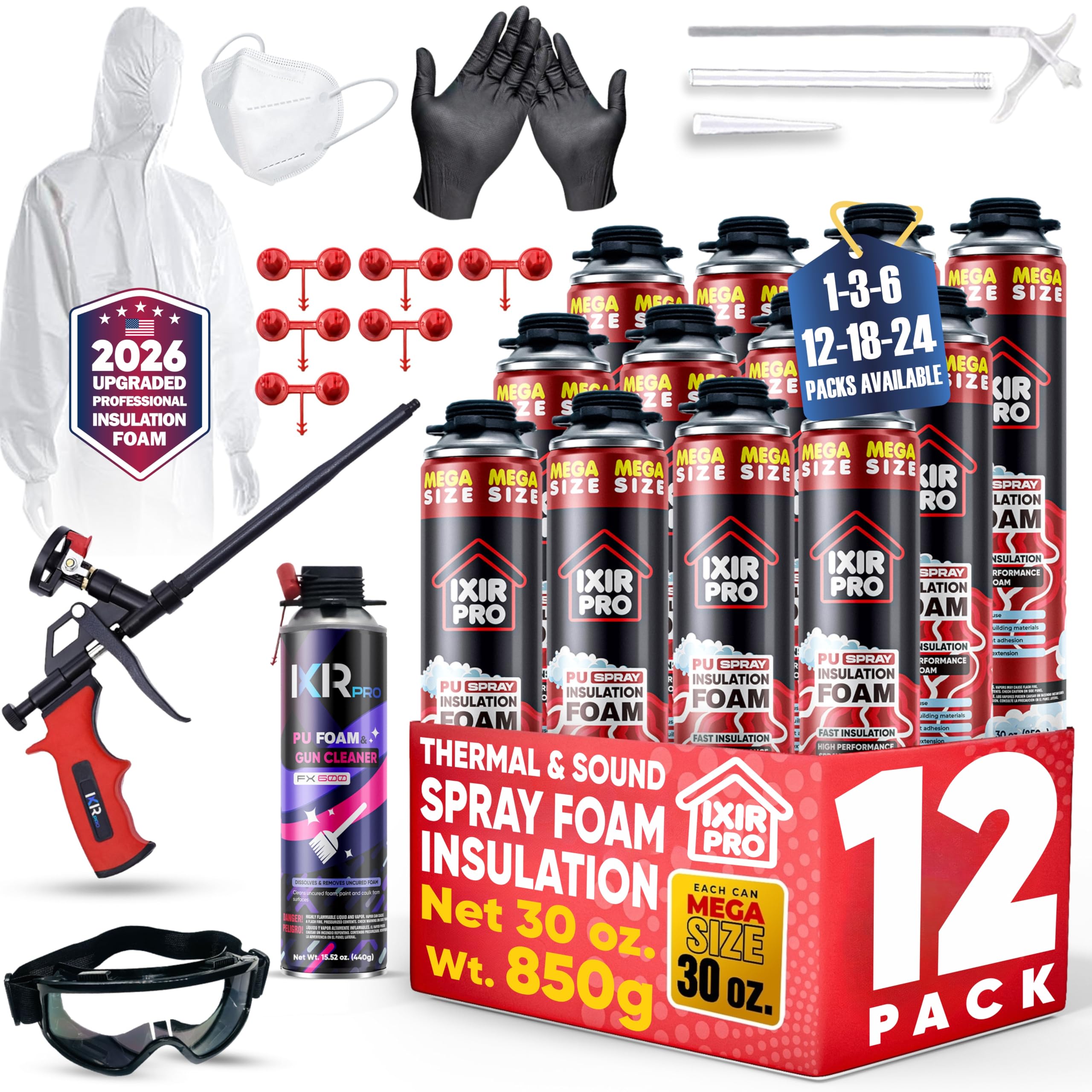 ixirpro Spray Foam Insulation Kit (12 PK Kit-30oz, 276 Board ft/sq.ft) Expanding Sealant, Spray Foam, Mega Size Closed Cell Heat Acoustic Insulation,