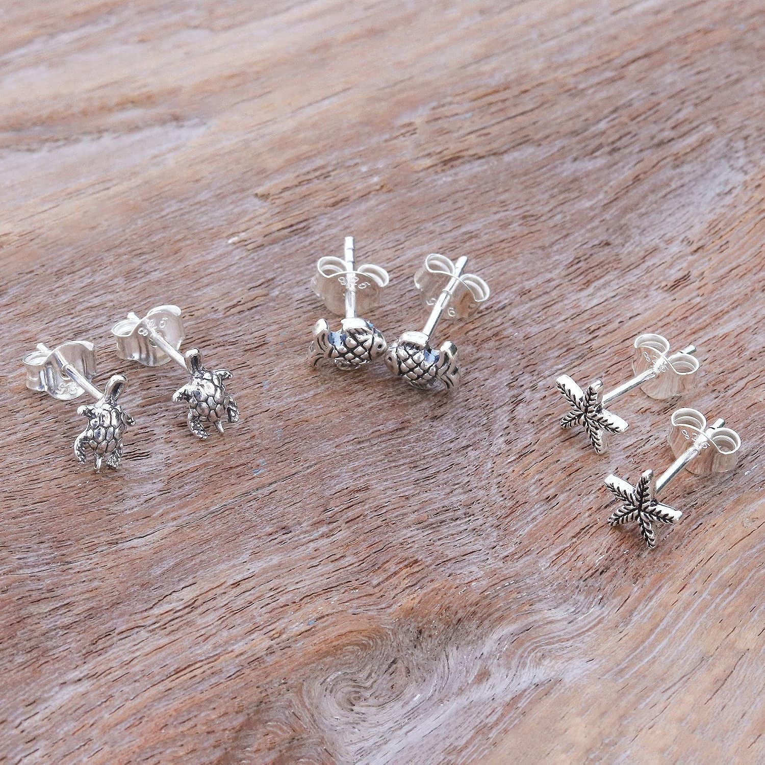 NOVICA Handmade Sterling .925 Sterling Silver Stud Earrings with Sea Life Motif Set of 3 Thailand Animal Themed Frog 'Sea Celebration'