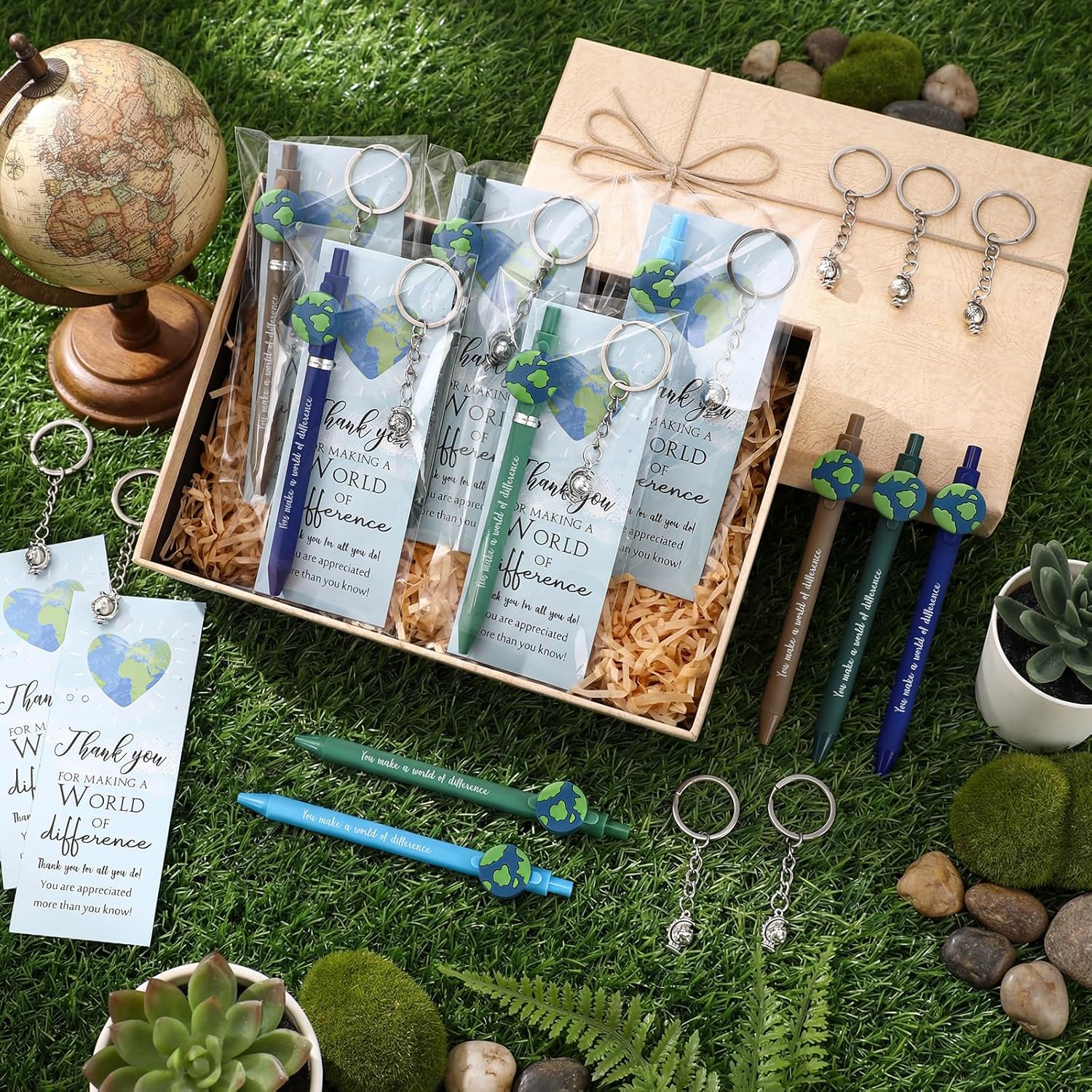 Geyoga 75 Pcs Earth Day Gifts Bulk Retractable Earth Pens Rotating Globe Keychain with Inspirational Thank You Cards for Environmentalist Giveaways Office Decorations Employee Staff Team Volunteers