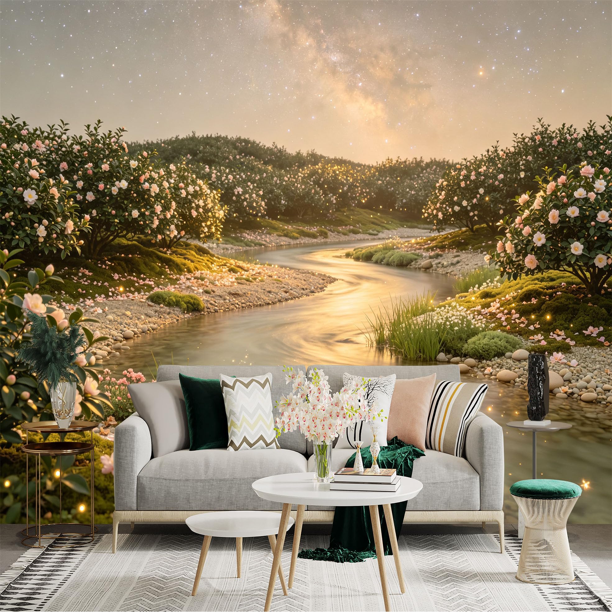 Lnzczhyre Bh260719388 Custom Size Wall Sticker Mural， Flowing River With Blooming Camellia Shrubs， Enchanted Garden Scenery， Starry Night Sky， For Wall Decoration， Peelandstick Wall Decals.