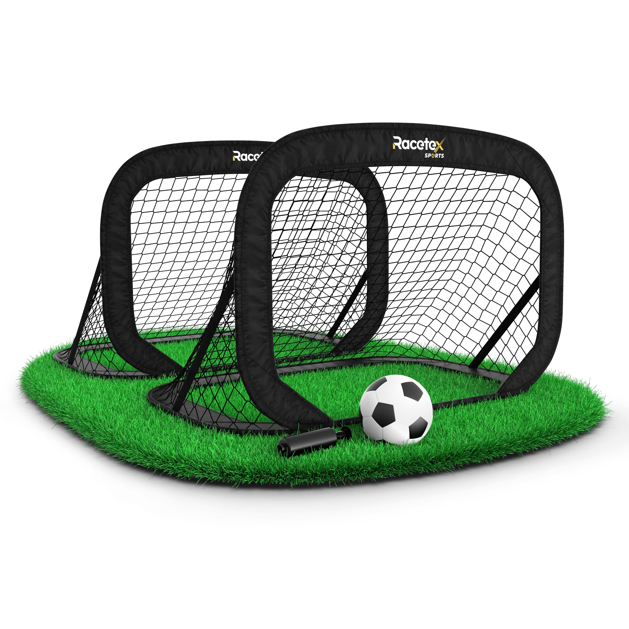Racetex Fussballtore für Garten Kinder – 2er Set mit verstärkten Glasfaserstangen – Fußballtor Kindern inkl. Ball, Pumpe, Erdanker und Tasche zum Transportieren – Tore Fußball Kinder (Schwarz)