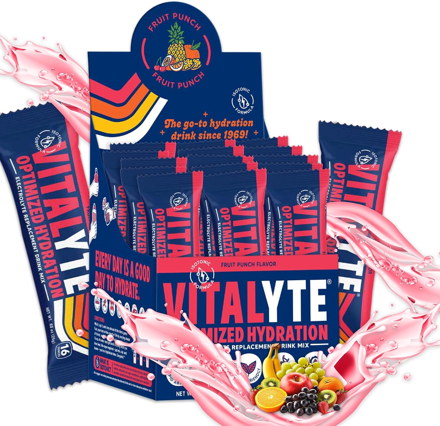 Vitalyte Electrolyte Powder Packets - Isotonic Clean Electrolyte Hydration Drink Mix - Single Serve Rehydration Packets with No Artificial Colors, Flavors or Sweeteners (Fruit Punch, Pack of 25)
