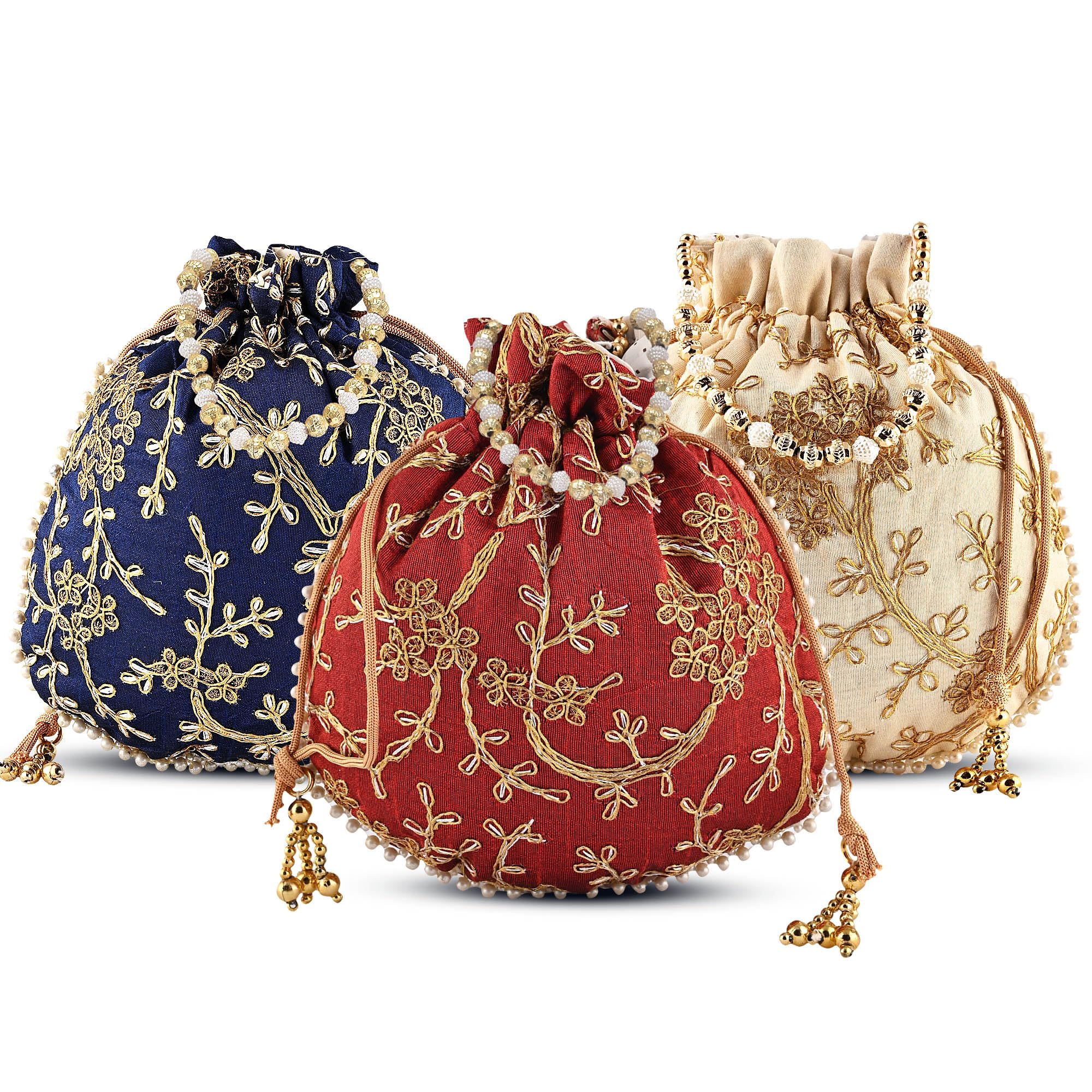 Pack of 3 Potli Bags for Ladies & Girls | Shagun Pouches for Festive Seasons | Embroidery Bridal Purse -Dark Blue, Cream & Maroon-image-23