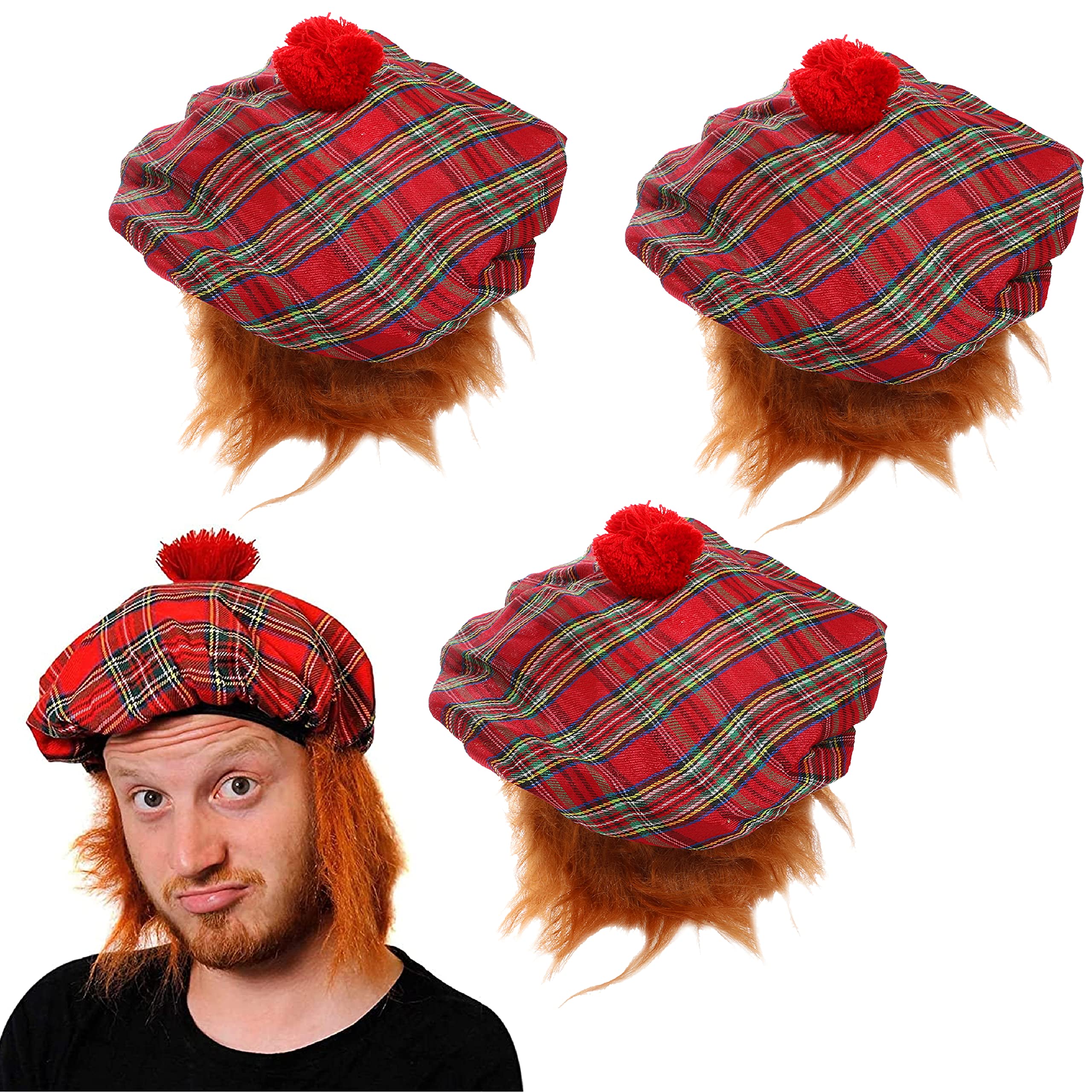 Tam O' Shanter Hat with Wig - Scottish Fancy Dress Hat with Attached Ginger Hair - St Andrews Day - Scotland Burns Night - Pack Of 3