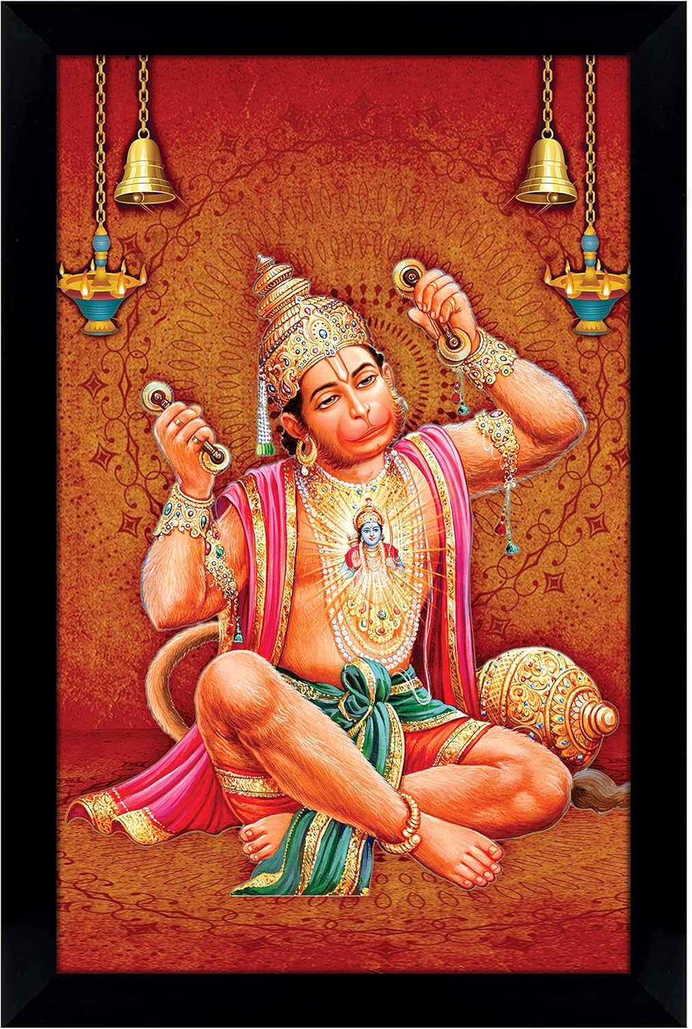 Lord Hanuman Reciting Sita Ram Poster With Frame Religious Poster Black Wall Frame Deity Photo Frame Wall Decor For Home/Office/Temple-12 x 18 Inches