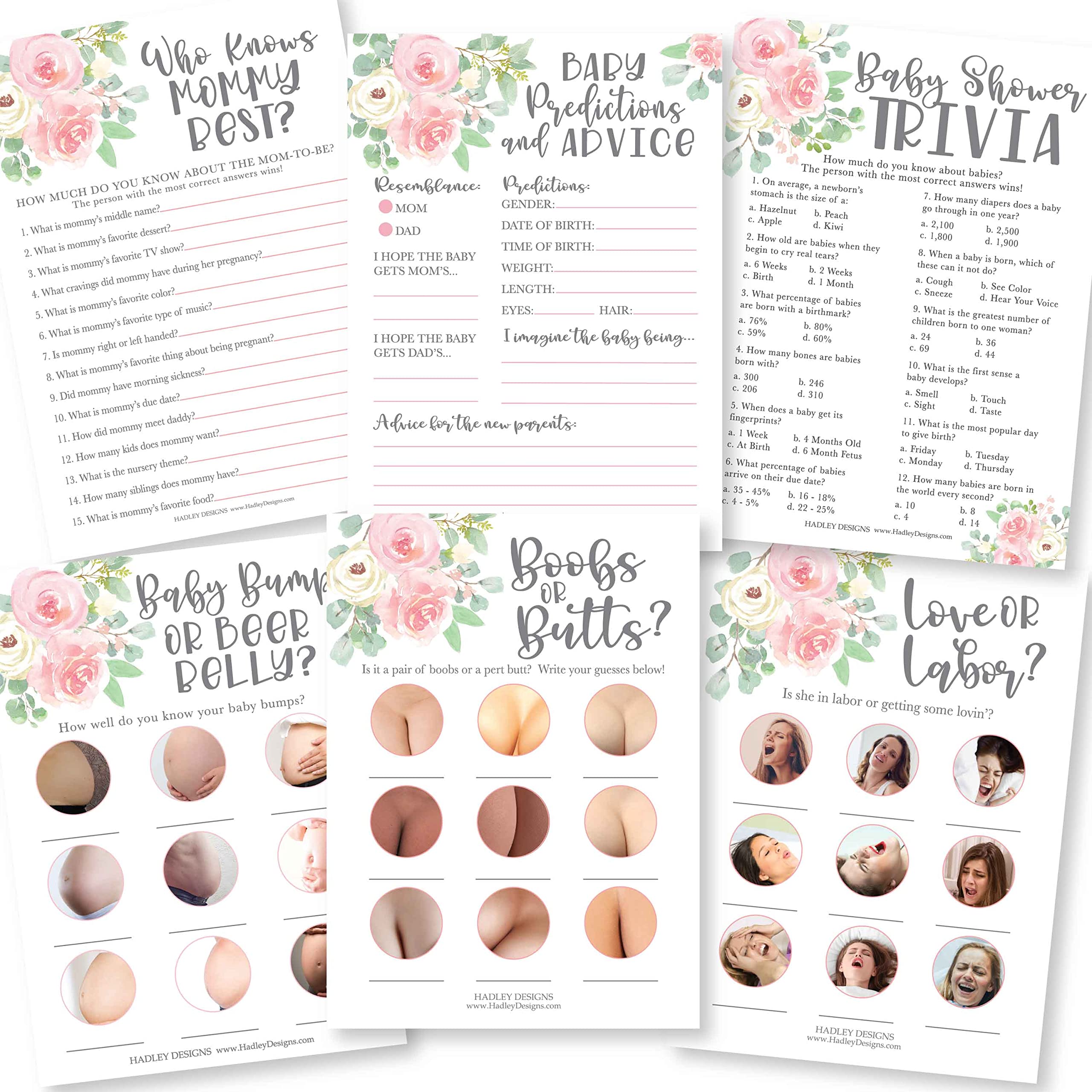 Buy Hadley Designs 75 Floral Baby Shower Games For Girls 6 Games Double Sided, Who Knows Mommy