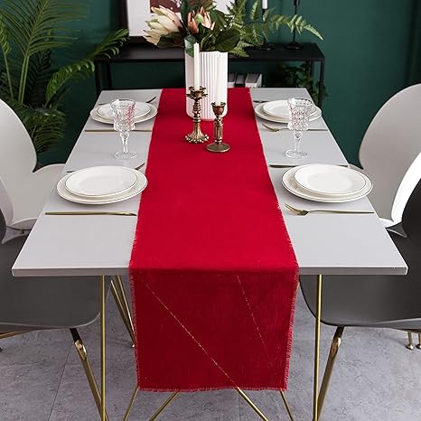 Linkslove Home Handmade Frayed Linen Table Runner -Red 100% Pure Linen Rustic Table Runner 14x90- Fringe Table Runner for Christmas, Winter - Farmhouse, Vintage or Modern Decor
