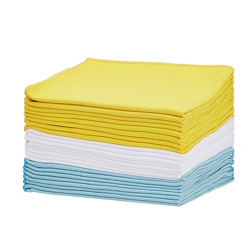 Amazon Basics Microfiber Glass Fabric Cleaning Cloth, Blue/Yellow/White, 24-Pack