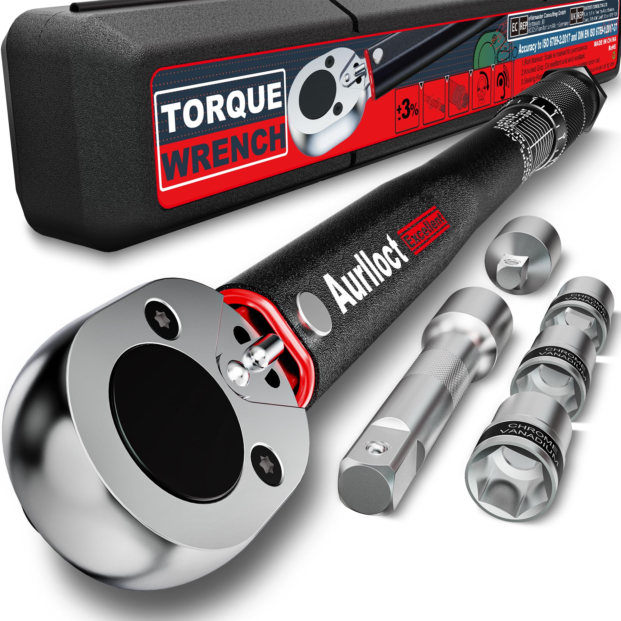 Juego de Llave Dinamométrica 1/2 Pulgada, 20-230 Nm Chave Dinamométrica, Incluye Extensión de 12.5 cm, Precisión ±3% para Coche y Rellenar las Ruedas, 6 Piezas