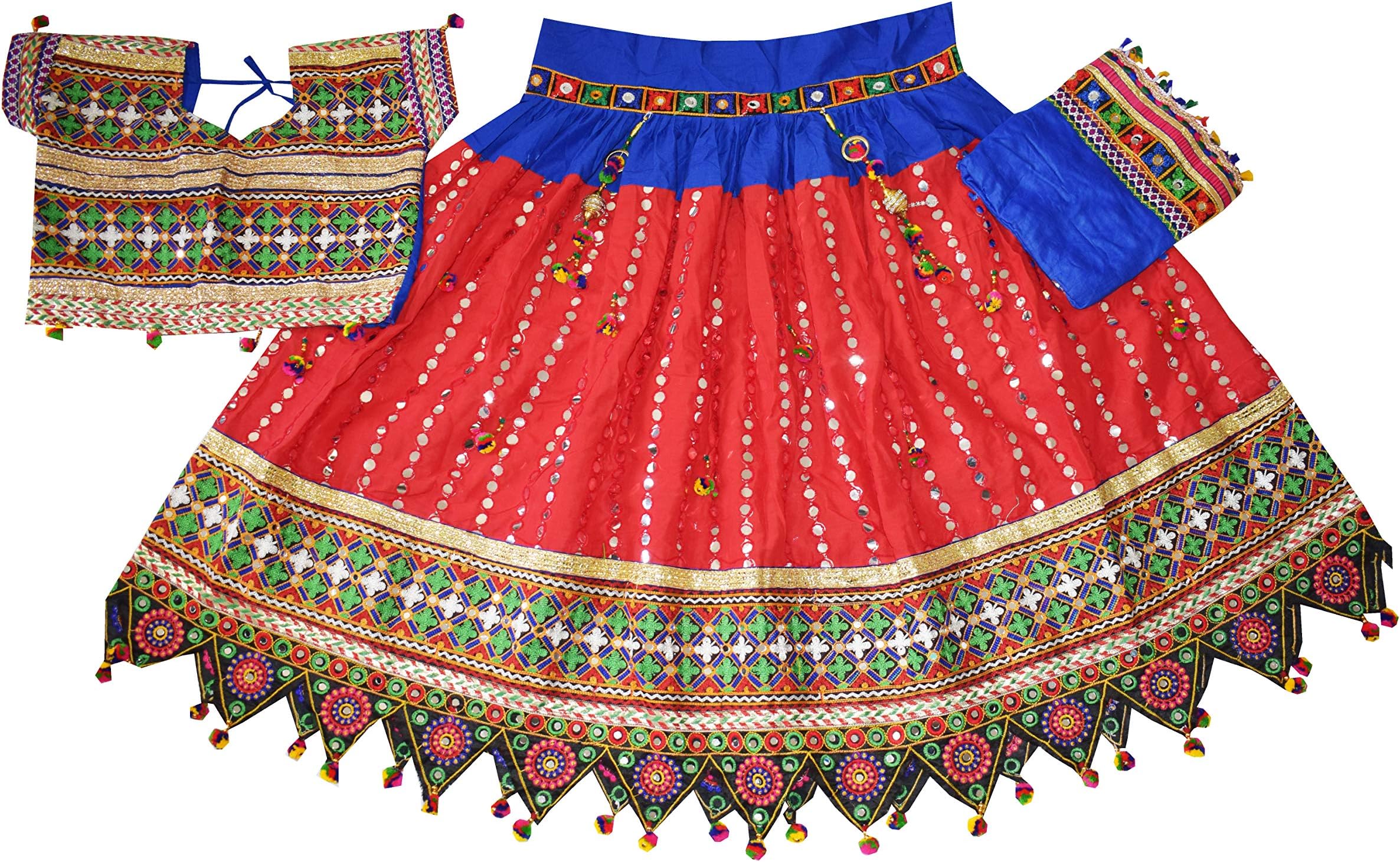 Nanda Women Cotton Banjara Lehenga Choli-Navratri Sitara Work Chaniya Choli-Ras Garba Special Ghagra Choli Red Free Size