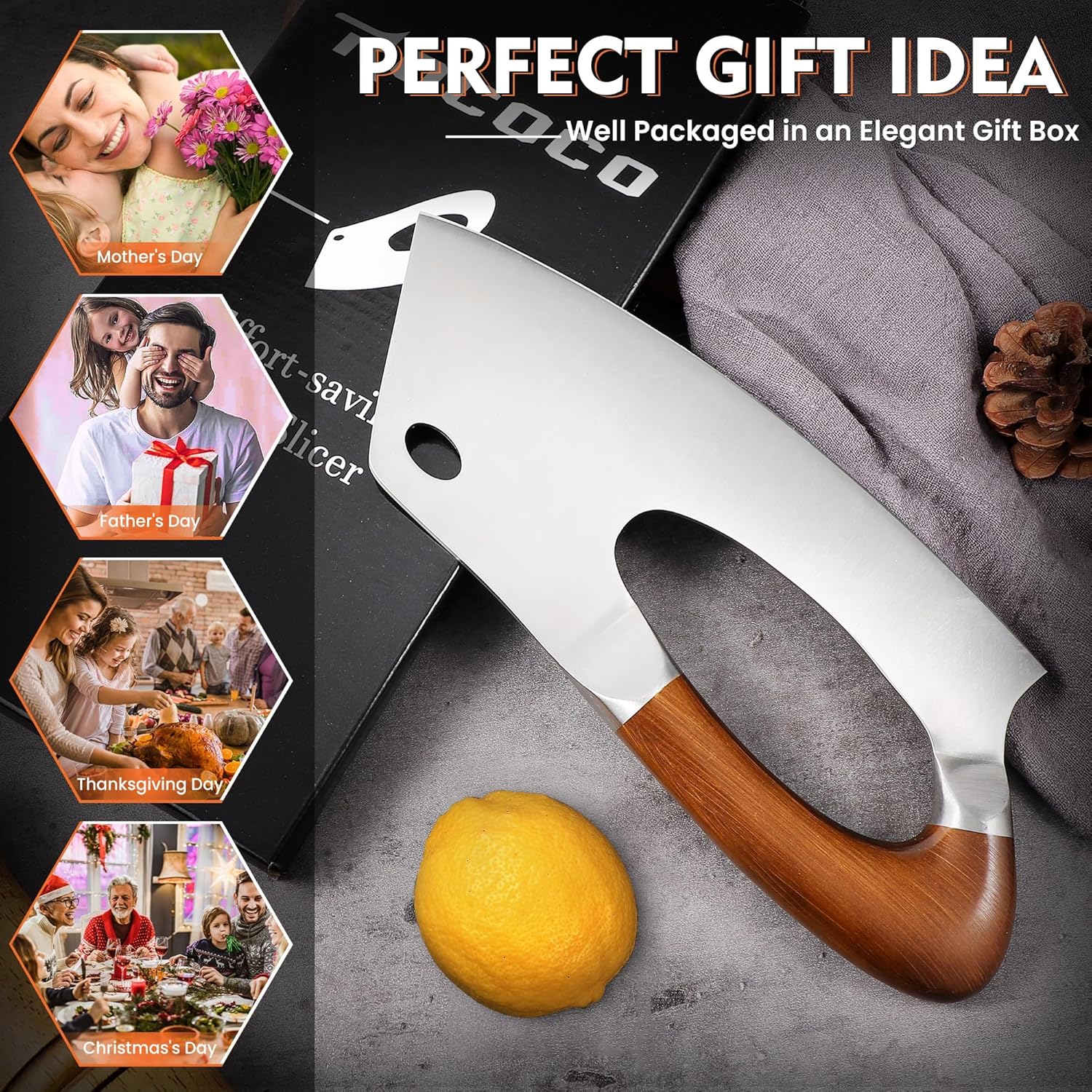 ROCOCO Meat Cleaver Knife Unique Effort Saving Kitchen Knife Professional Stainless Steel Chef Cooking Knives for Cutting Meat Vegetable Father Mother Christmas Gift Bronze - Image 9