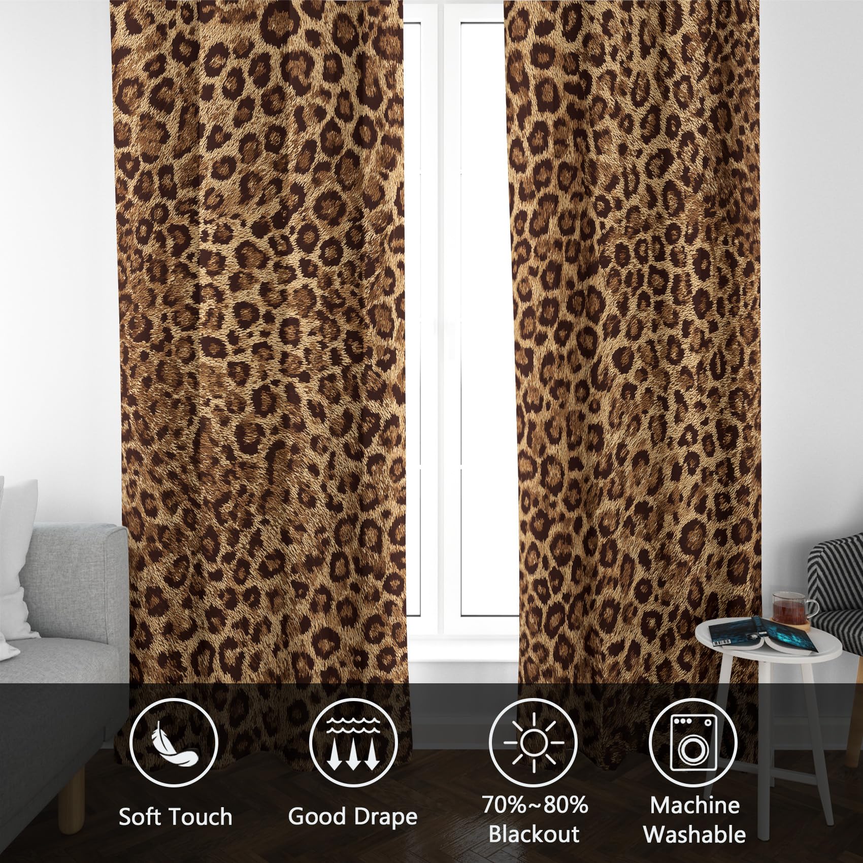 Leopardenmuster Vorhänge, Verdunklungsvorhänge mit Muster Cheetah Print, Vorhang Blickdicht mit Ösen, Gardinen für Wohnzimmer Schlafzimmer Deko 2er Set - 200x140 (H X B)