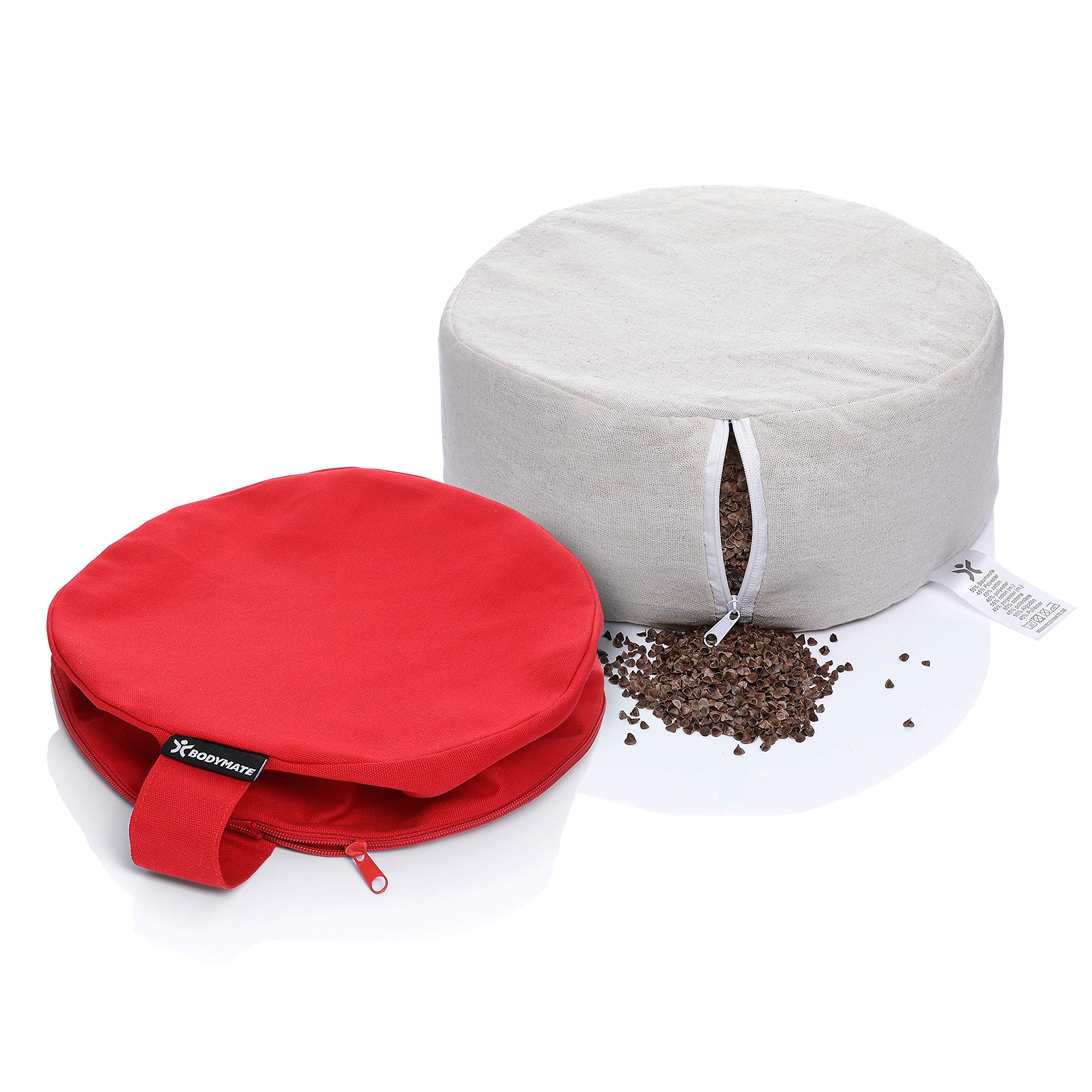 BODYMATE Cojín de Yoga Redondo | 31 cm Diámetro 13 cm Alto | Relleno de Cáscaras de Trigo Sarraceno | Funda Extragruesa y Lavable en Lavadora de Algodón 100% | Meditación y Asiento