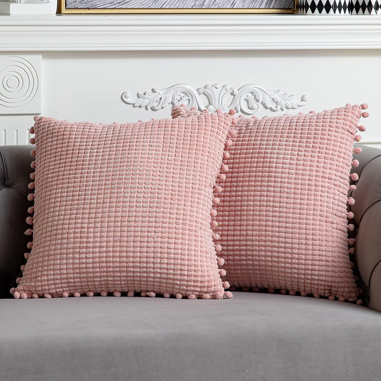 DEZENE Pink Decorative Couch Throw Pillow Covers - 2 Pack 18x18 Inch Soft Corduroy Corn Striped Pom-poms Square Pillow Cases for Bedroom Sofa Living Room