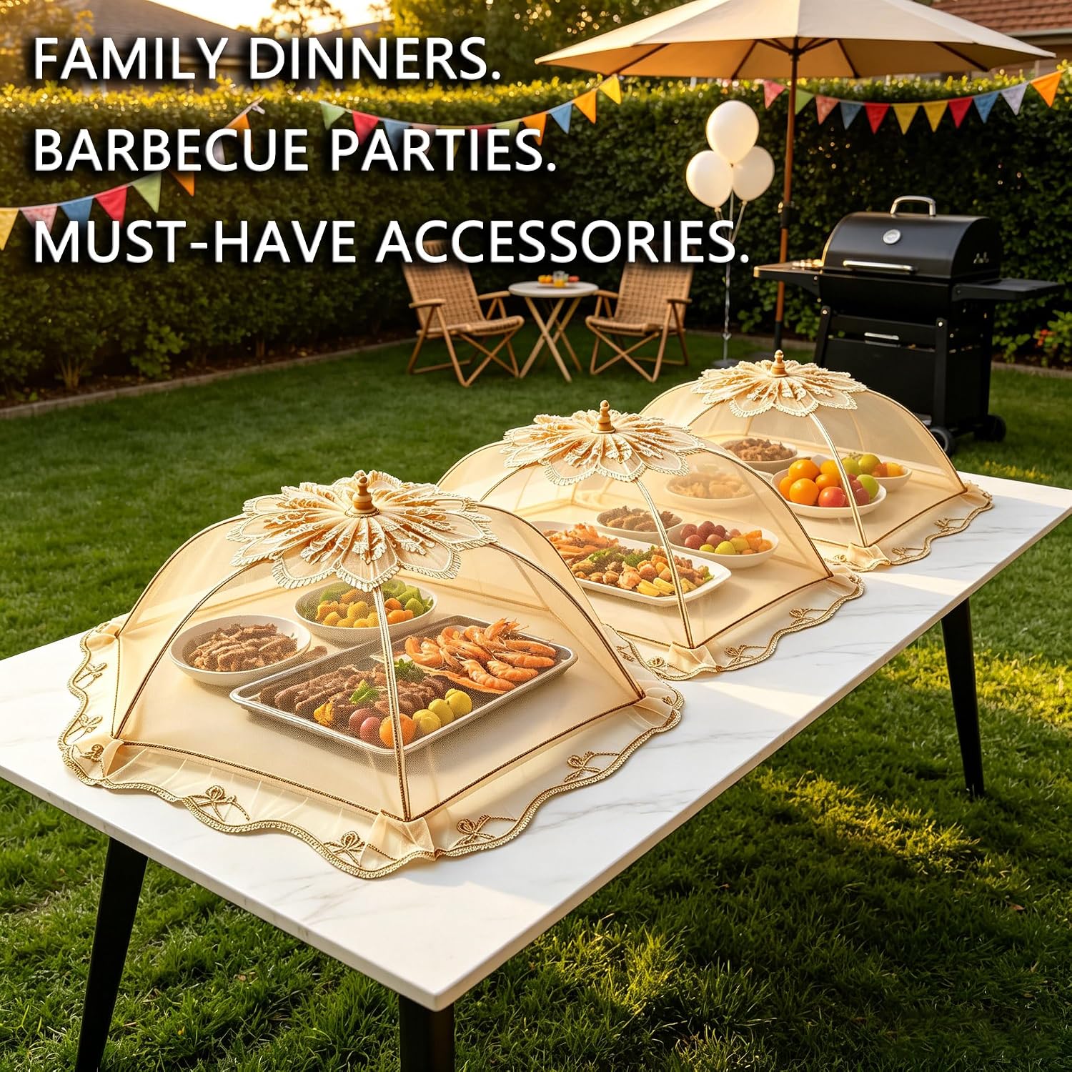 3 Pack Extra Large Food Covers for Outside – 24" x 24" Pop Up Mesh Food Tents & Screens for Outdoors, Reusable Protective Covers for Parties, Picnics, BBQs, Camping Essentials – Collapsible