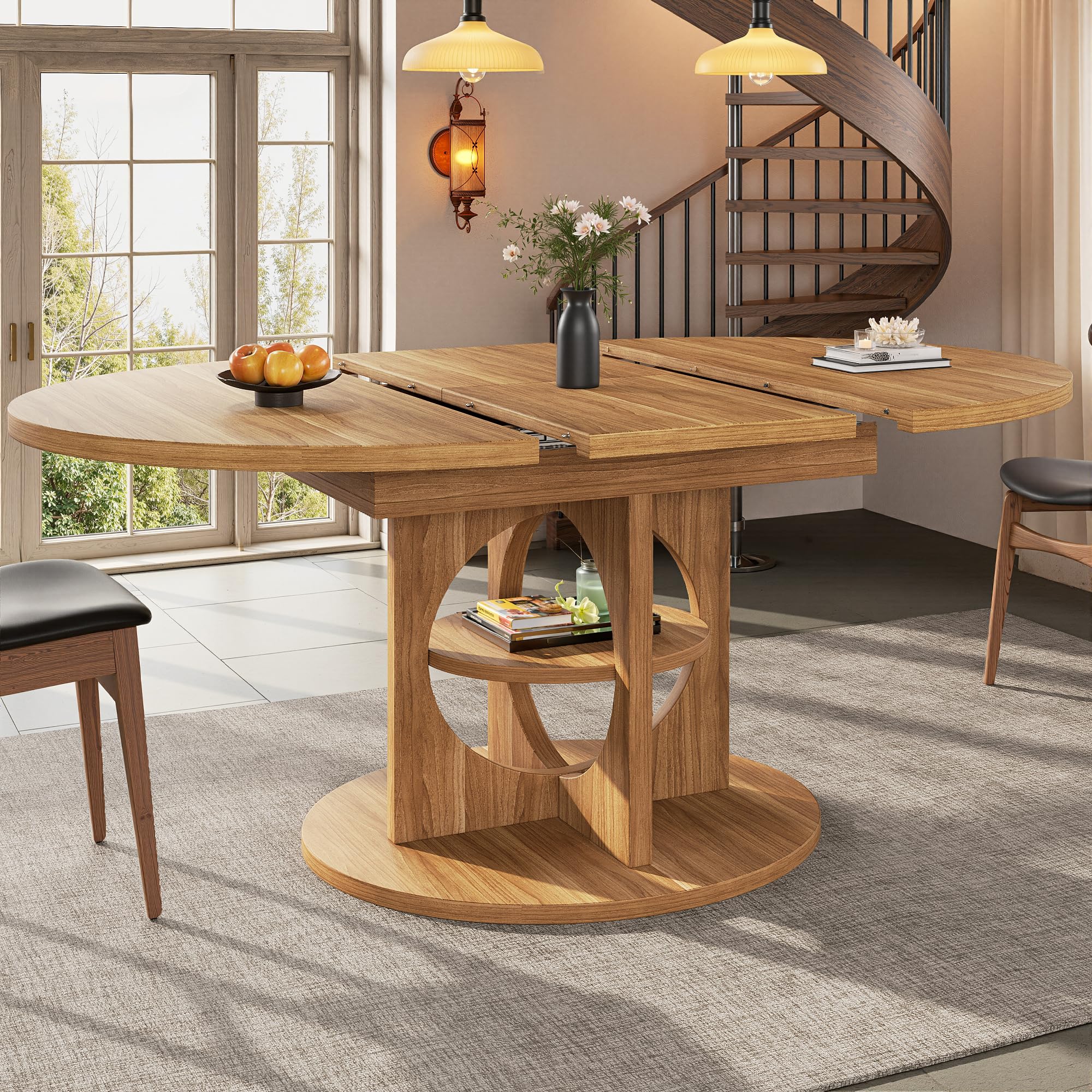 Kebnor Tavolo da pranzo allungabile con vano portaoggetti, 110-150 cm, effetto legno, portata fino a 60 kg, da rotondo a ovale (legno naturale)