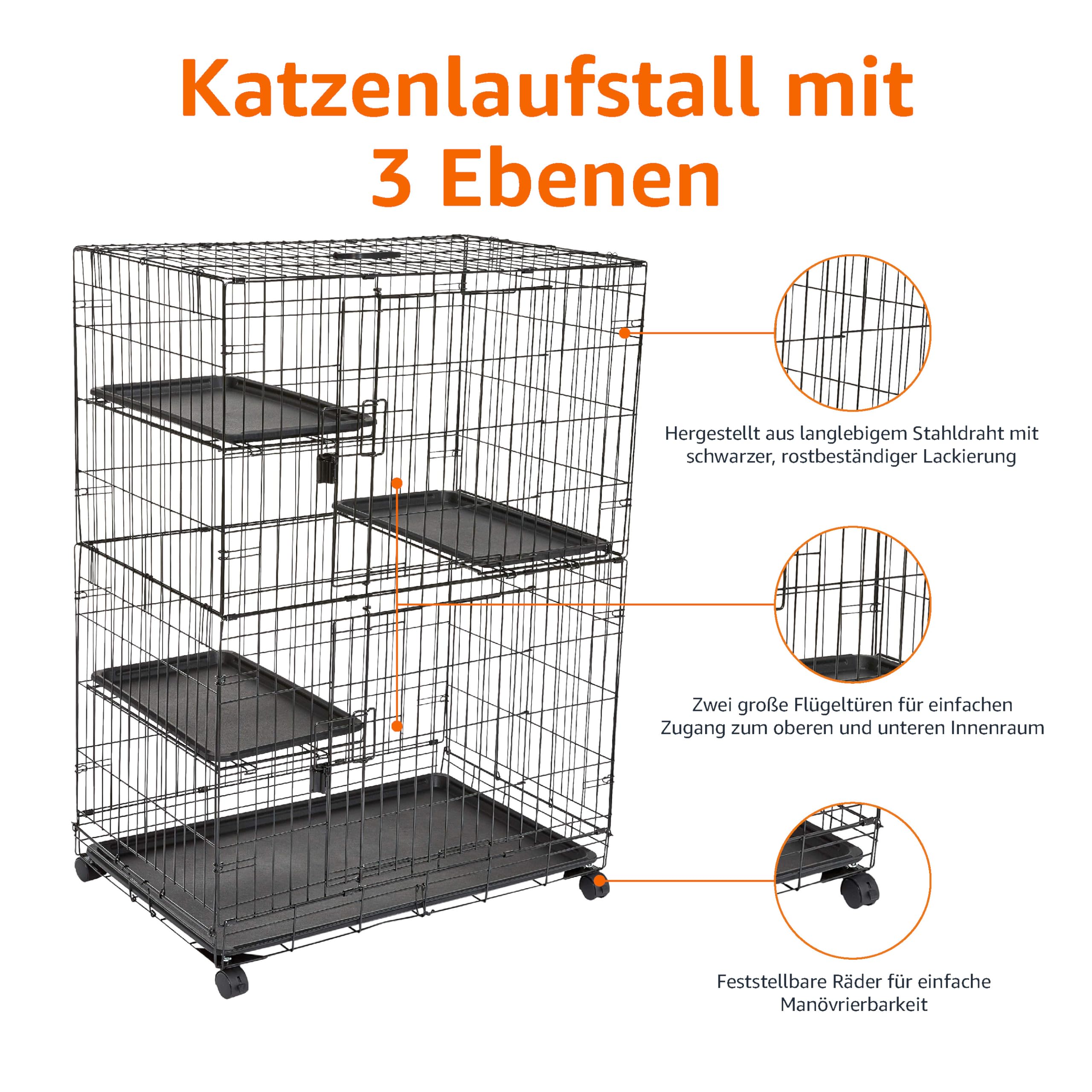 Amazon Basics Langlebig, biegsam Großer Katzenkäfig mit 3 Ebenen, Schwarz, L 91 x B 57 x H 129 cm