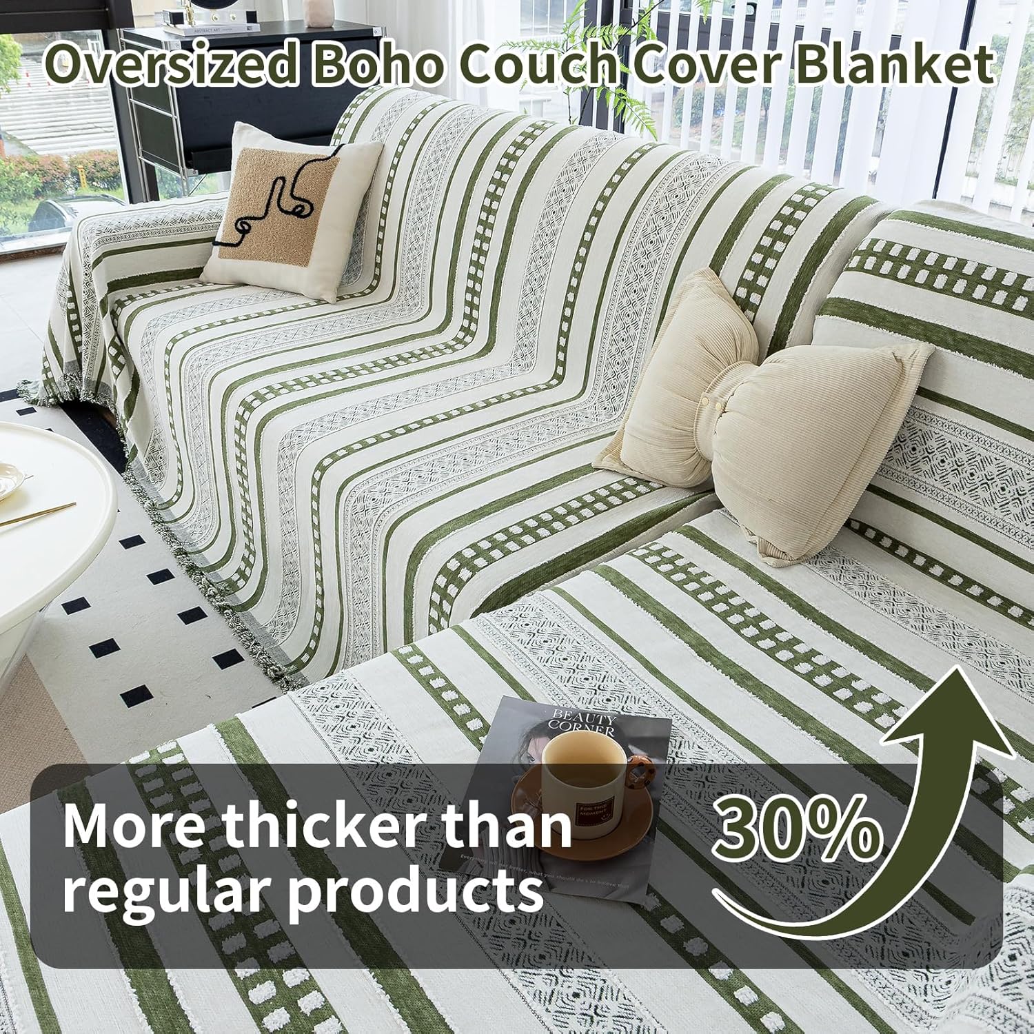 Striped Couch Cover Blankets, Boho Couch Covers, Sofa Blanket Cover for Dogs, Large Couch Covers for 3-4 Cusion Sofa, Chenille Sofas Covers Washable Sectional(1pc/Green/71 x 150")