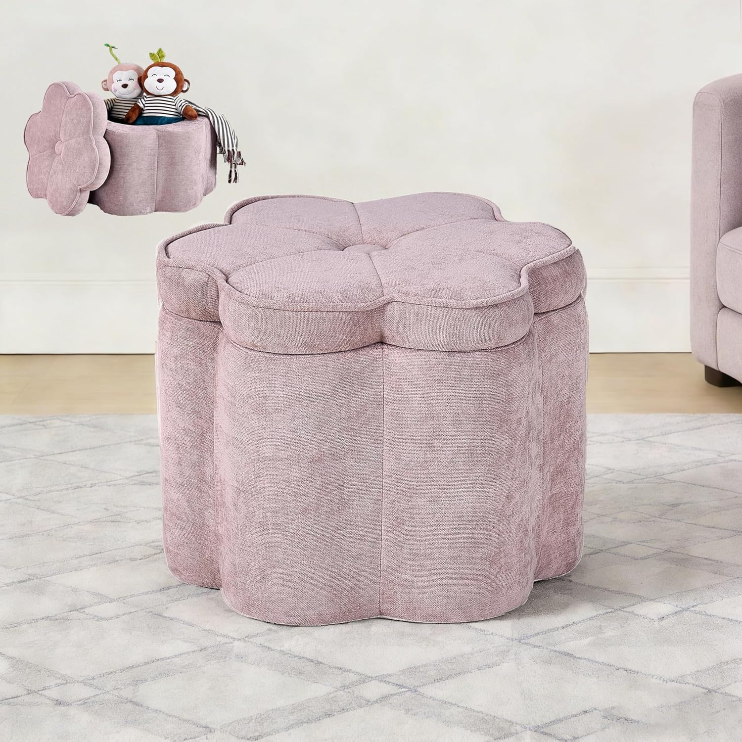Small Pink Storage Ottoman, Flower Shape Chenille Ottoman Pouf, 19.5''x19.5''x14.5''H Seating Foot Rest, Holds 300 LBS, Pink Pouf Ottoman for Bedroom Living Room Entryway Home Decor