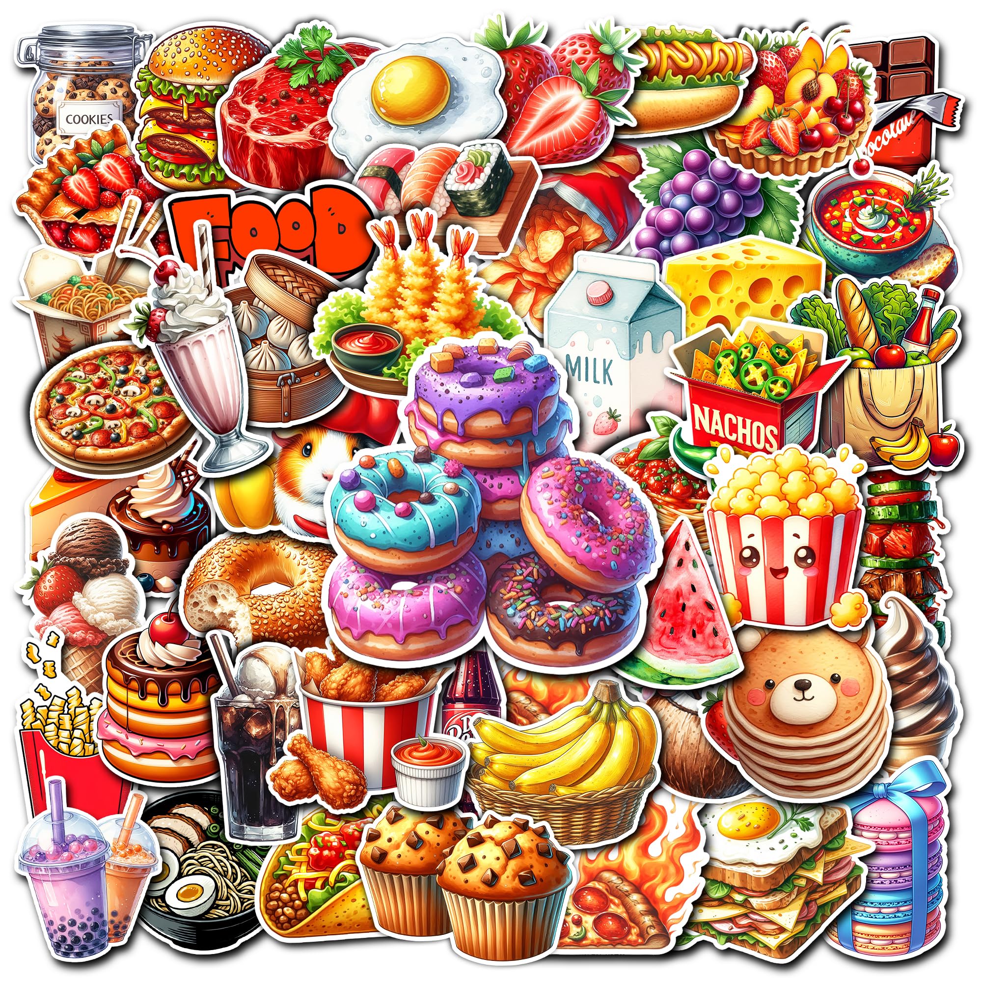 WESILY Pack 50 PCS Cute Fast Food Stickers Chips Hamburger Yummy Aesthetic Waterproof Vinyl Decals Sticker for Kids Teens Girls Decorations Laptop