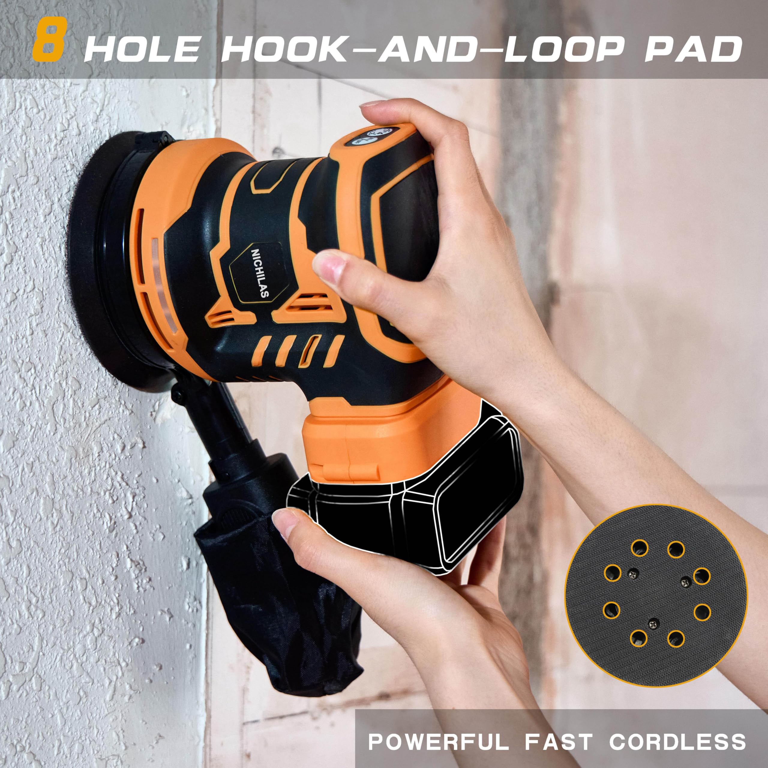 Lijadora orbital aleatoria, motor sin escobillas inalámbrico, 6 velocidades máximo, 13500 RPM, lijadora eléctrica de 5 pulgadas con colector de polvo para batería Dewalt (batería no incluida)