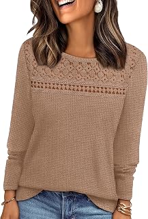WIHOLL Womens Lace Long Sleeve Shirts Fall Tops Fashion Dressy Casual Lightweight Sweaters Mesh Clothes Trendy Waffle Knit
