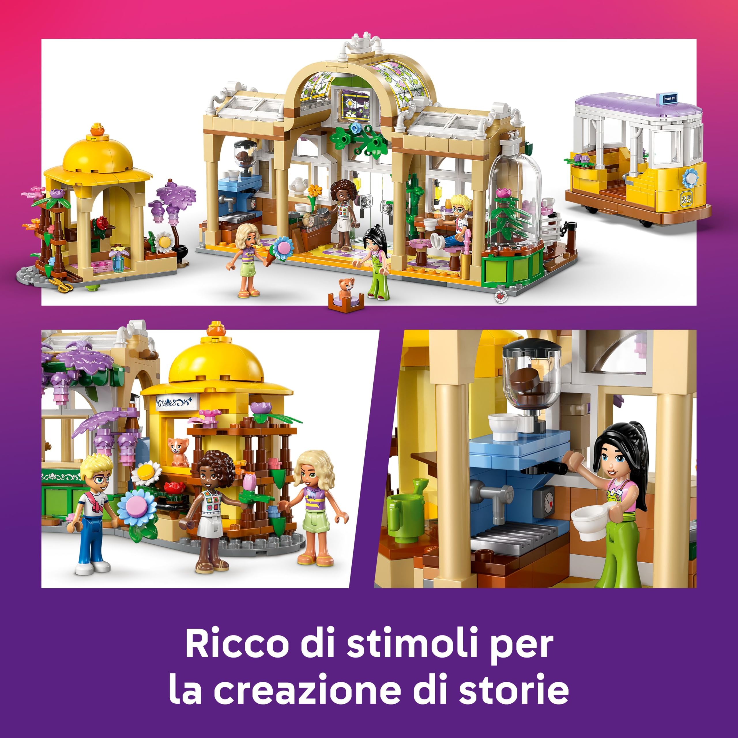 LEGO Friends Caffè delle Piante e Negozio di Fiori - Giocattolo con 4 Mini Bamboline, Gatto Domestico, Tram, Accessori da Cucina come Pasticcini, Tazze e Teiera - Regalo per Bambine da 9 Anni - 42671