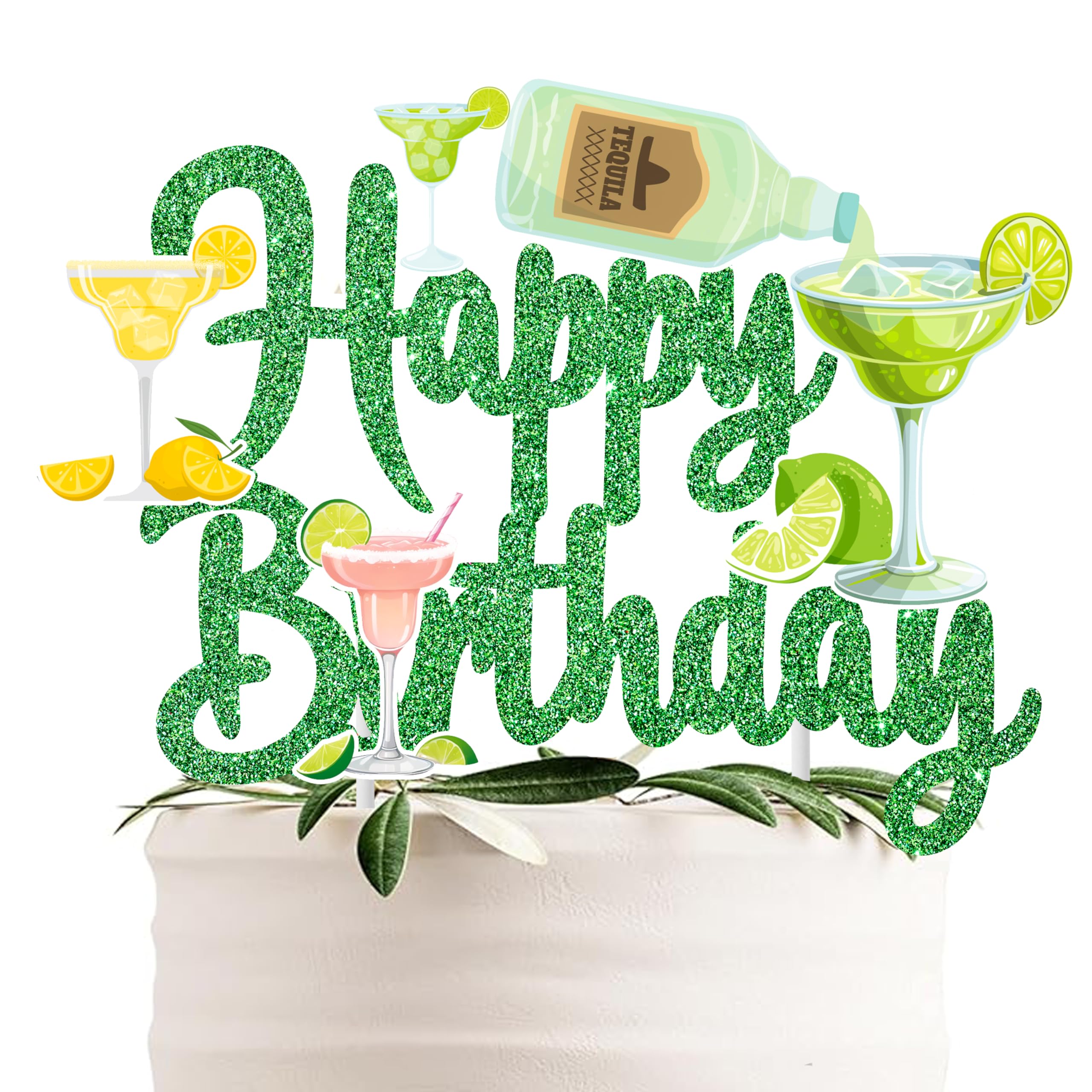 Green Glitter Margarita Bar Birthday Cake Topper for Lemon Cocktail Theme Party Supplies