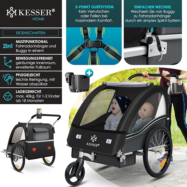 KESSER® Kinderfahrradanhänger Sport-RX 2in1 Jogger & Buggy 5-Punkt-Gurt Sicherheitsgurt 360° Vorderrad Kinderfahrradanhänger Reflektoren für 1-2 Kinder (max. 40 kg) Getränkehalter & Smartphonefach - 2