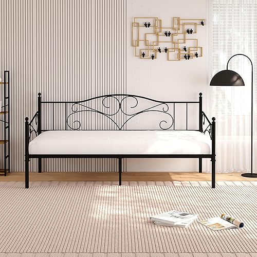 Daybed-Twin-Size-Frame-Metal-Farmhouse Victorian Style - Sofa Bed Platform Mattress Foundation, Multi-Functional Furniture - Black