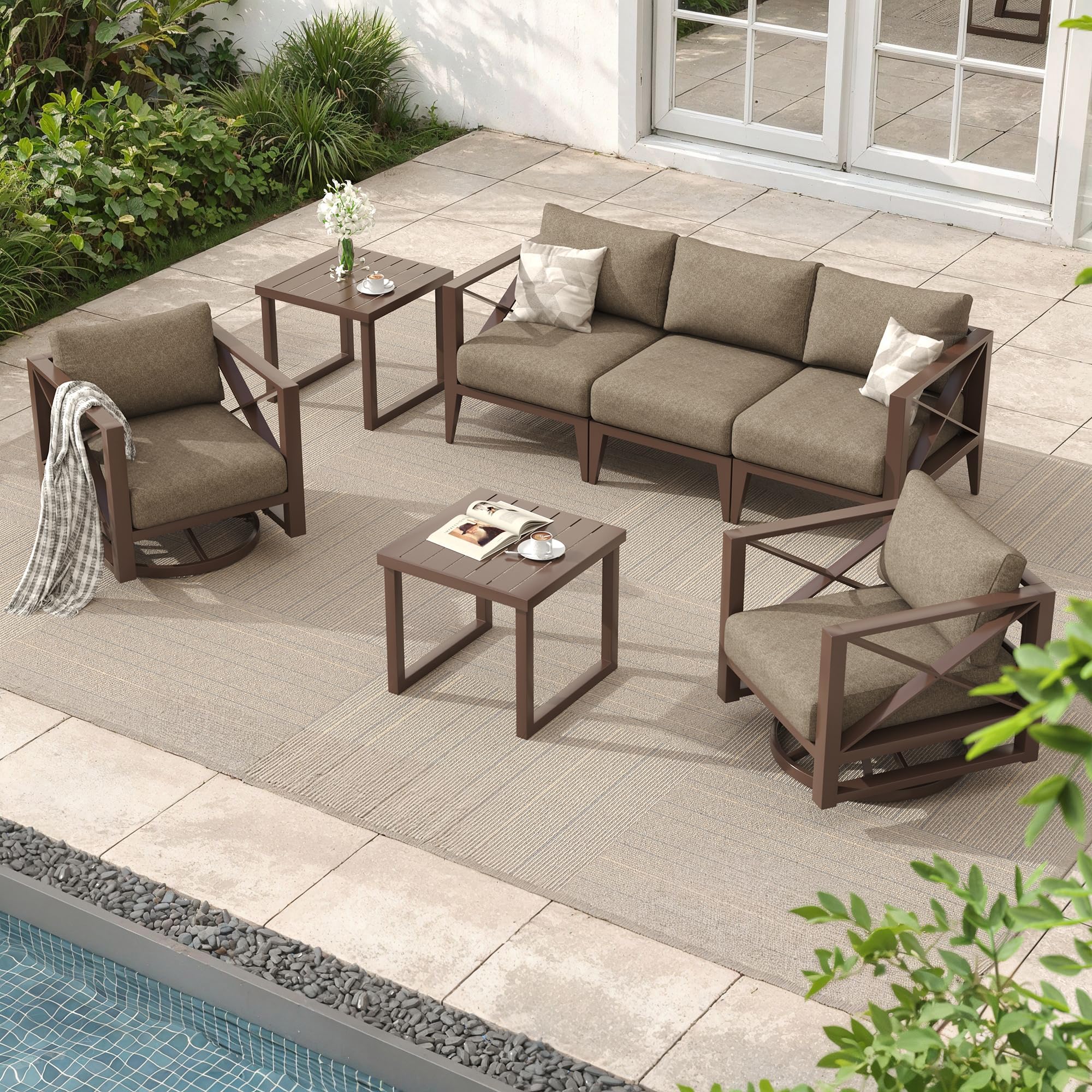 MBY Oversized Aluminum Patio Furniture Set, 7-Piece Outdoor Conversation Set with Swivel Rocking Chairs & Coffee Table, Modern Weather-Resistant Seating for Deck,Yard,Balcony,Poolside-Brown