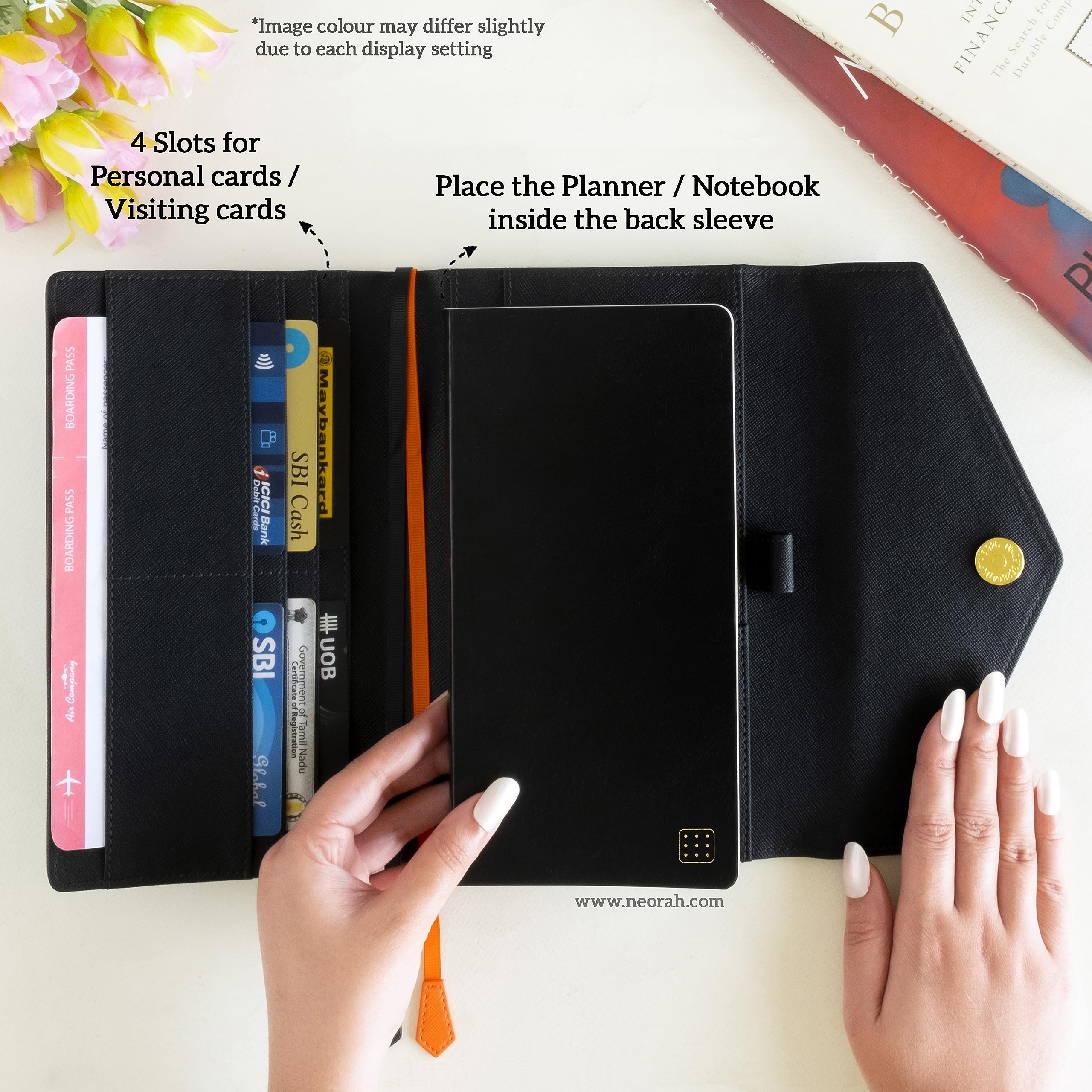 NEORAH PETITE Notebook SLEEVE with Envelope Flap Closure + Dotgrid JOURNAL | Faux Leather Sleeve + Penloop | Bookmarks | Front & Back pocket | 6 Card Slots - BLACK - Image 4