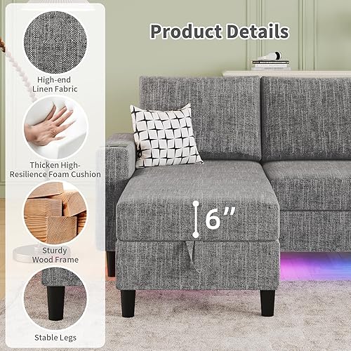 Miniatura 6 de Sofás seccionales para sala de estar, sofá seccional de tela de lino suave de 6 asientos con otomana de almacenamiento, sofá moderno convertible en