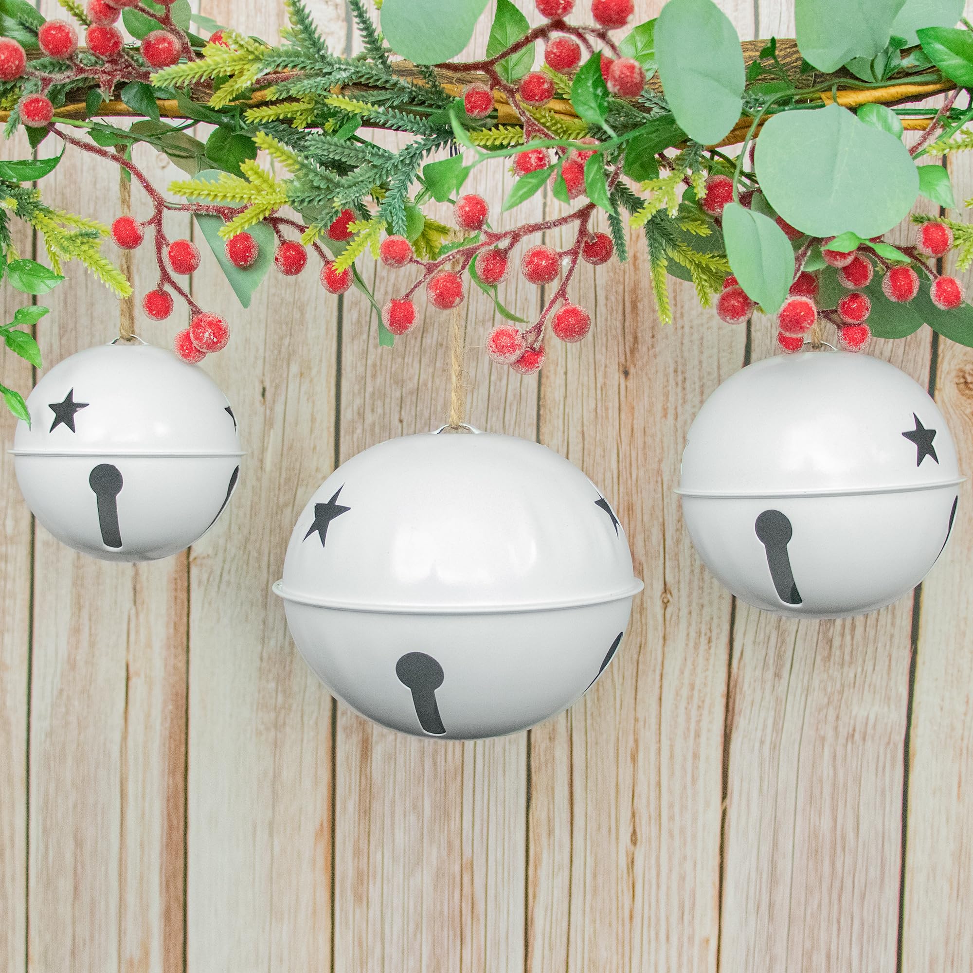 KI Store Oversized Jingle Bells Set of 3 White Metal Bells 15cm 12cm 10cm for Christmas Decorations Xmas Tree Garland Wreath Decor - Image 2