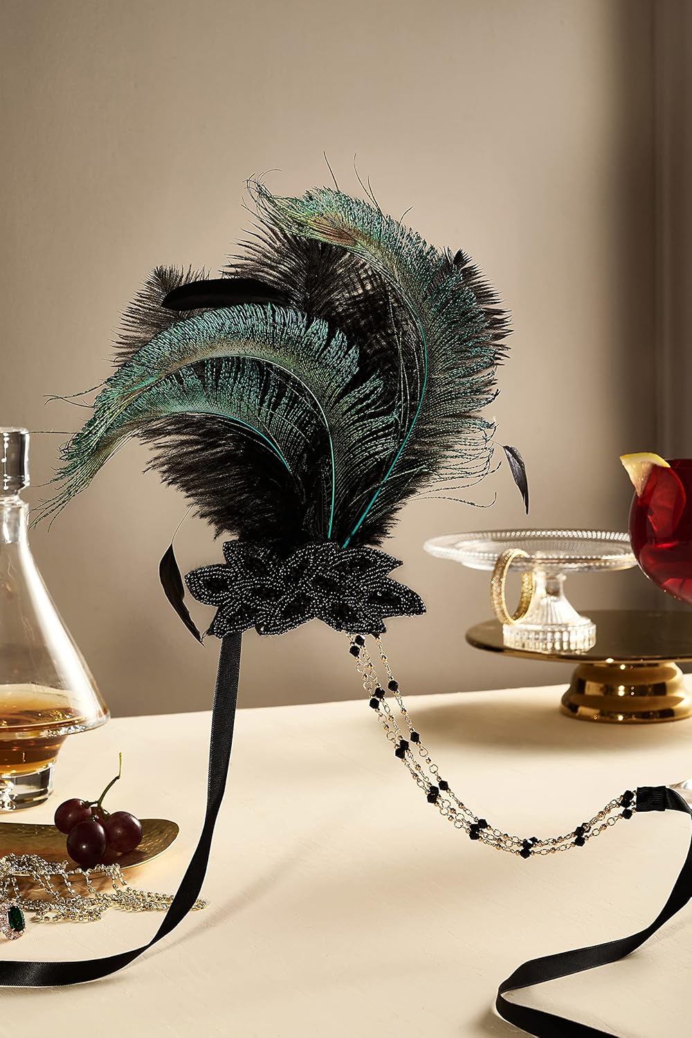 BABEYOND Art Deco 1920s Flapper Headpiece Roaring 20s Great Gatsby Feather Headband 1920s Flapper Gatsby Accessories (Black) - Image 2
