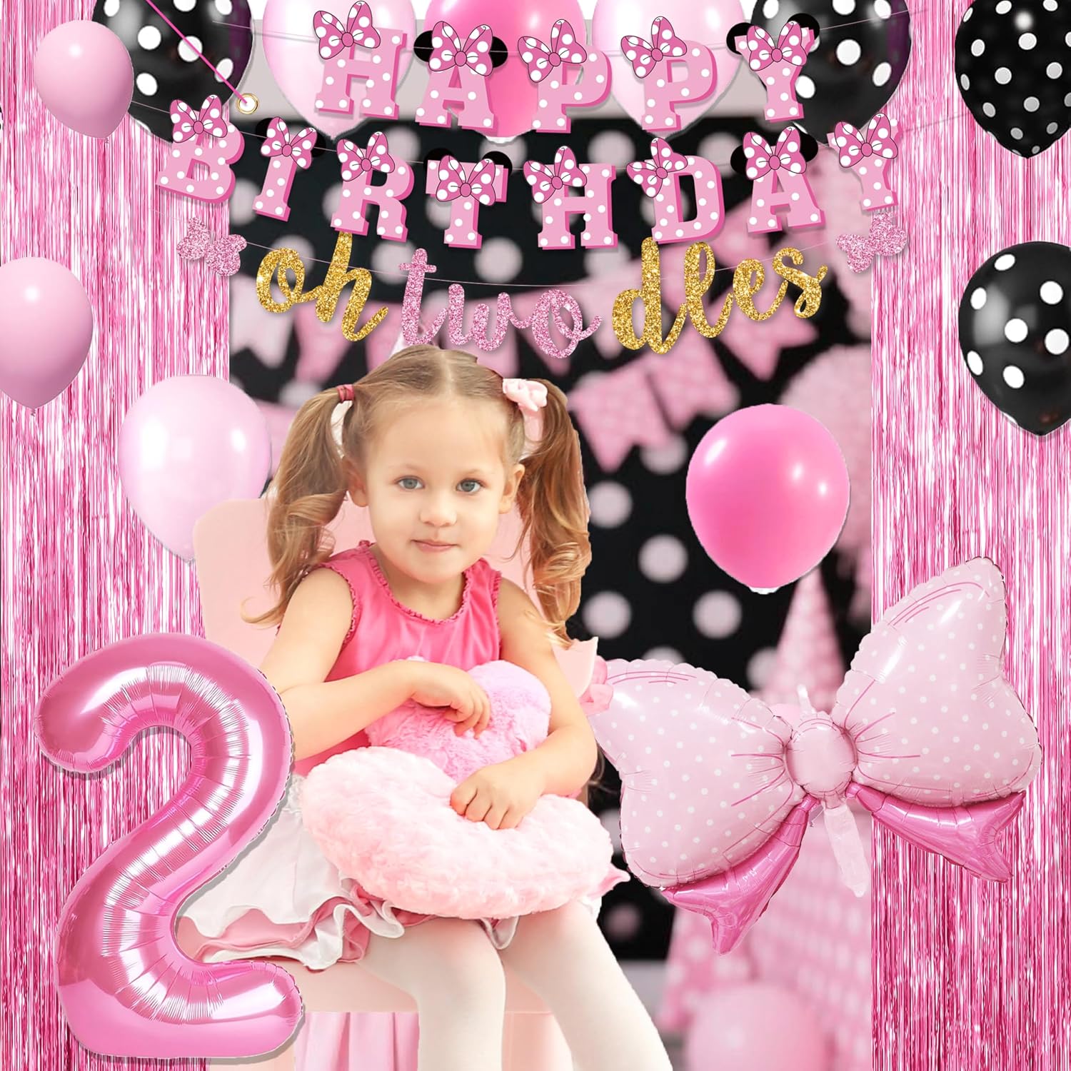 Pink Cartoon Mouse 2nd Birthday Decorations Girl - 60Pcs Oh Twodles Party Supplies with 2 Banners, 2 Foil Curtains, Number 2 Balloon, Tablecloth, 12 Plates for Second Bday Photo Prop