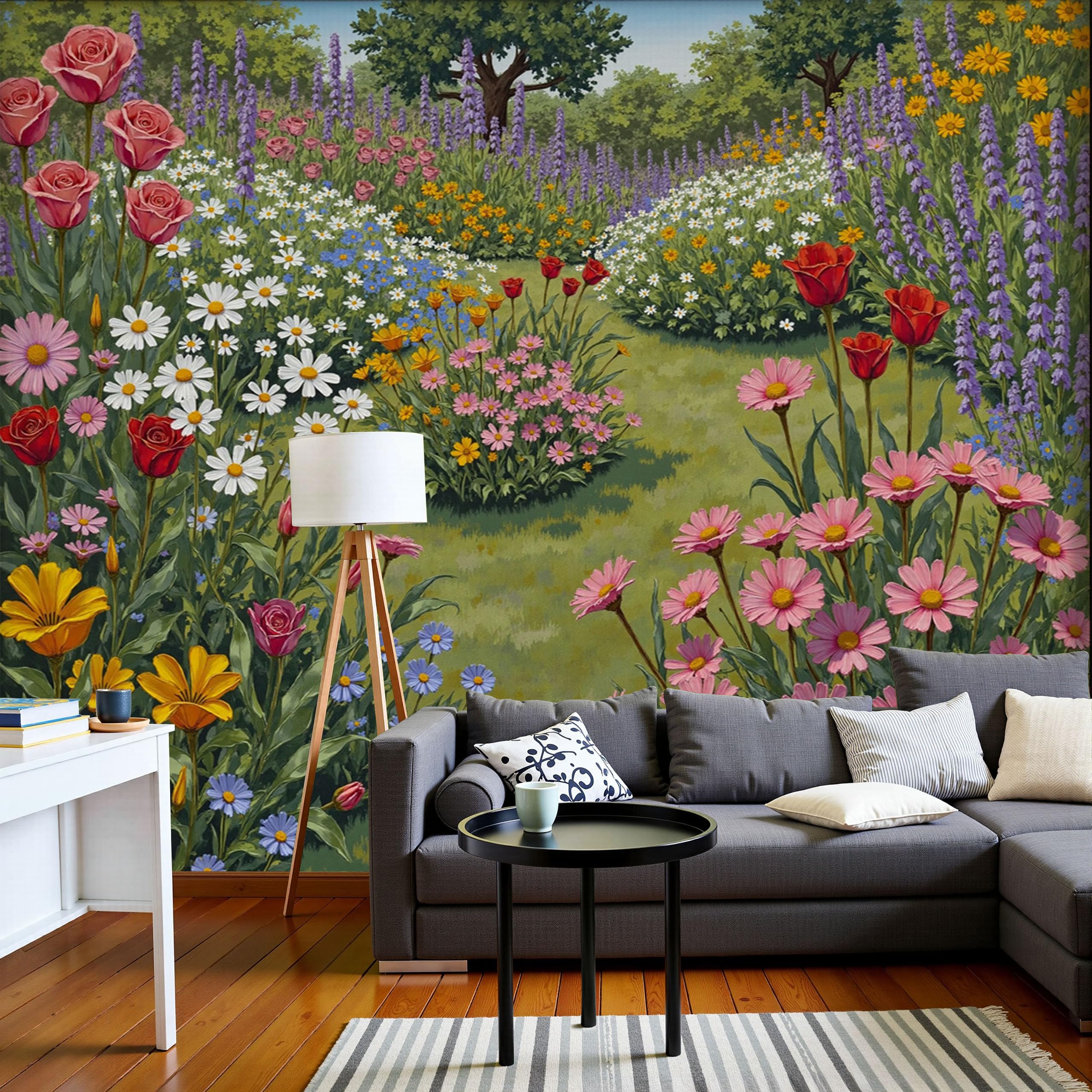 Papier peint soie panoramique plantes et fleurs 450x315cm rose et vert