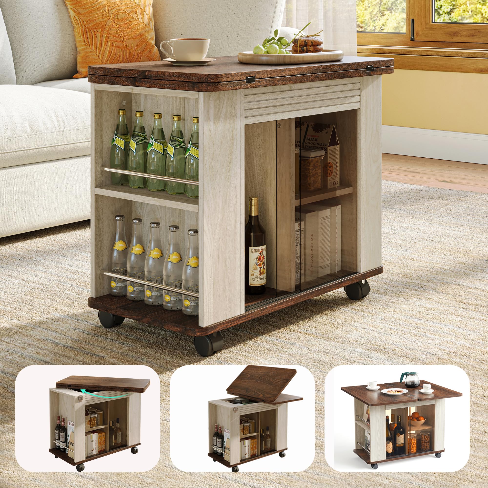 LINSY Folding Top End Table Rolling Side Table with Universal Wheels Modern Farmhouse Coffee Table with Sliding Glass