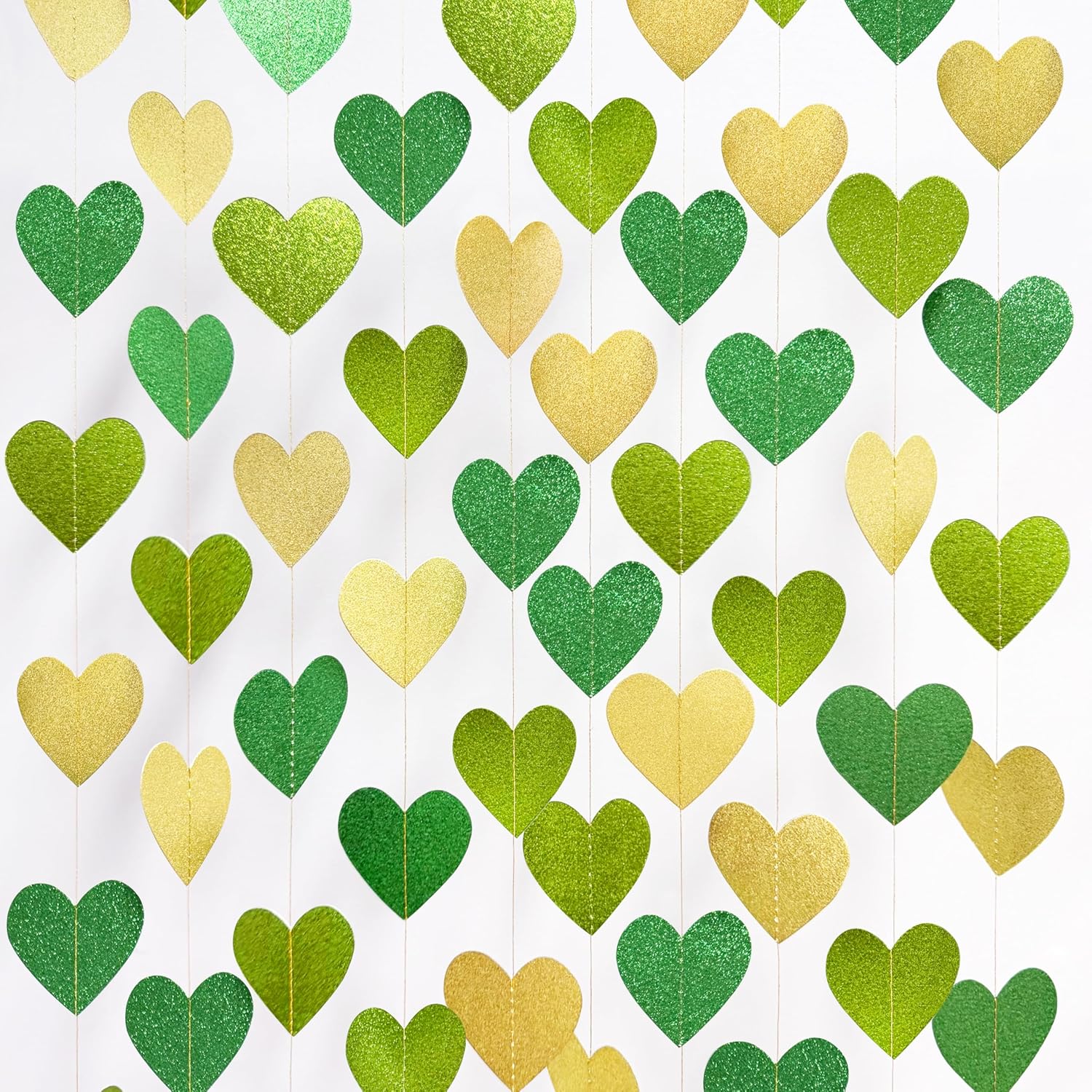 Gold and Green Heart Party Decorations Glitter Paper Love Heart Hanging Banner Streamer Garland for Birthday Wedding Valentines Day Spring Master Golf St Patrick's Day Christmas Holiday Party Supplies