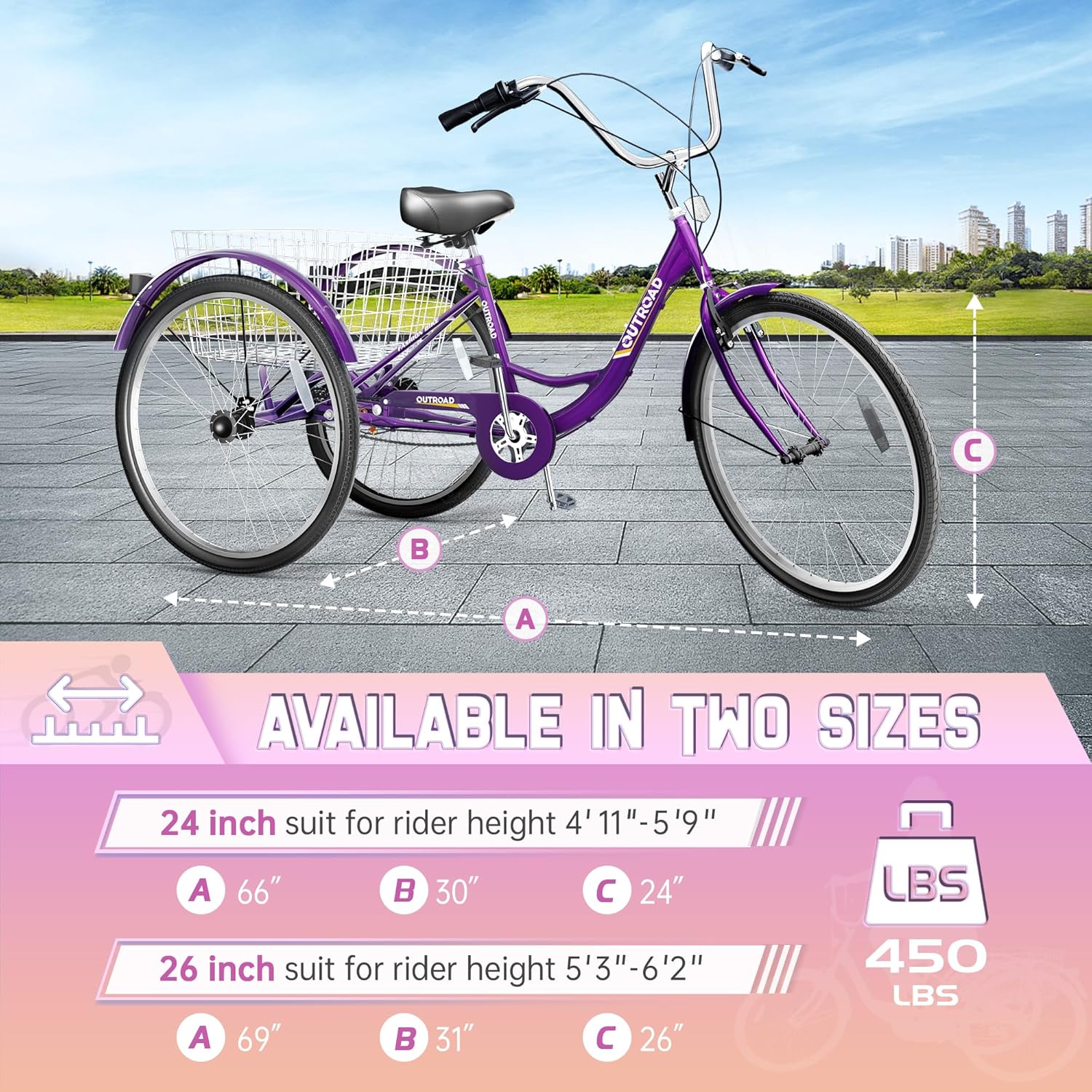 Betterland 1 Speed Adult Tricycle, 24/26-Inch Adult Trikes with Basket for Seniors, Stable 3-Wheel Cruise Bicycle for Shopping, Beach and City, 3 Wheel Bikes for Men, Women, 3 Colors