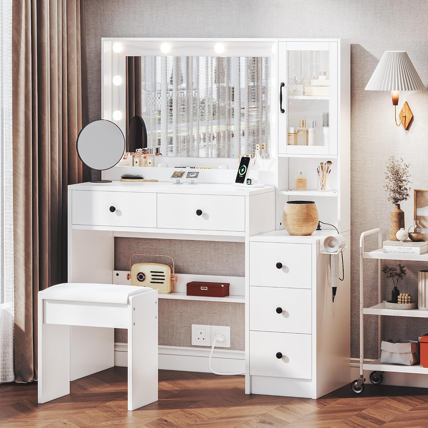 White Vanity Table with Drawer Dresser, Farmhouse Vanity Makeup Desk with Charging Station, Vanity Desk with Lights Mirror & Drawers for Makeup, Vanity Desk with Storage Shelf & 5 Drawers Minimalist White 35.4 inch