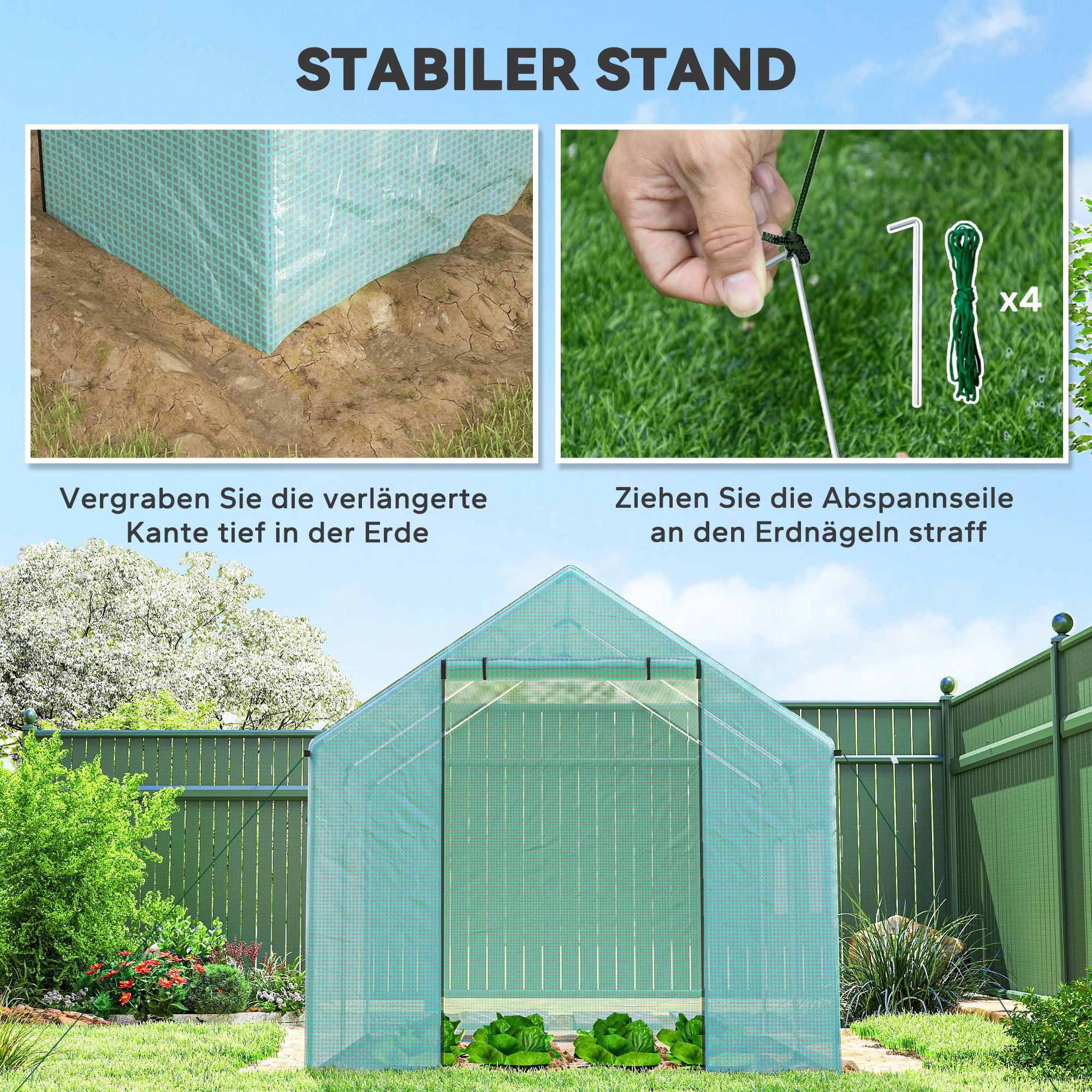 Outsunny Gewächshaus 3 x 2 x 2 m Moskitonetz Spitzdach 4 Fenster Grün