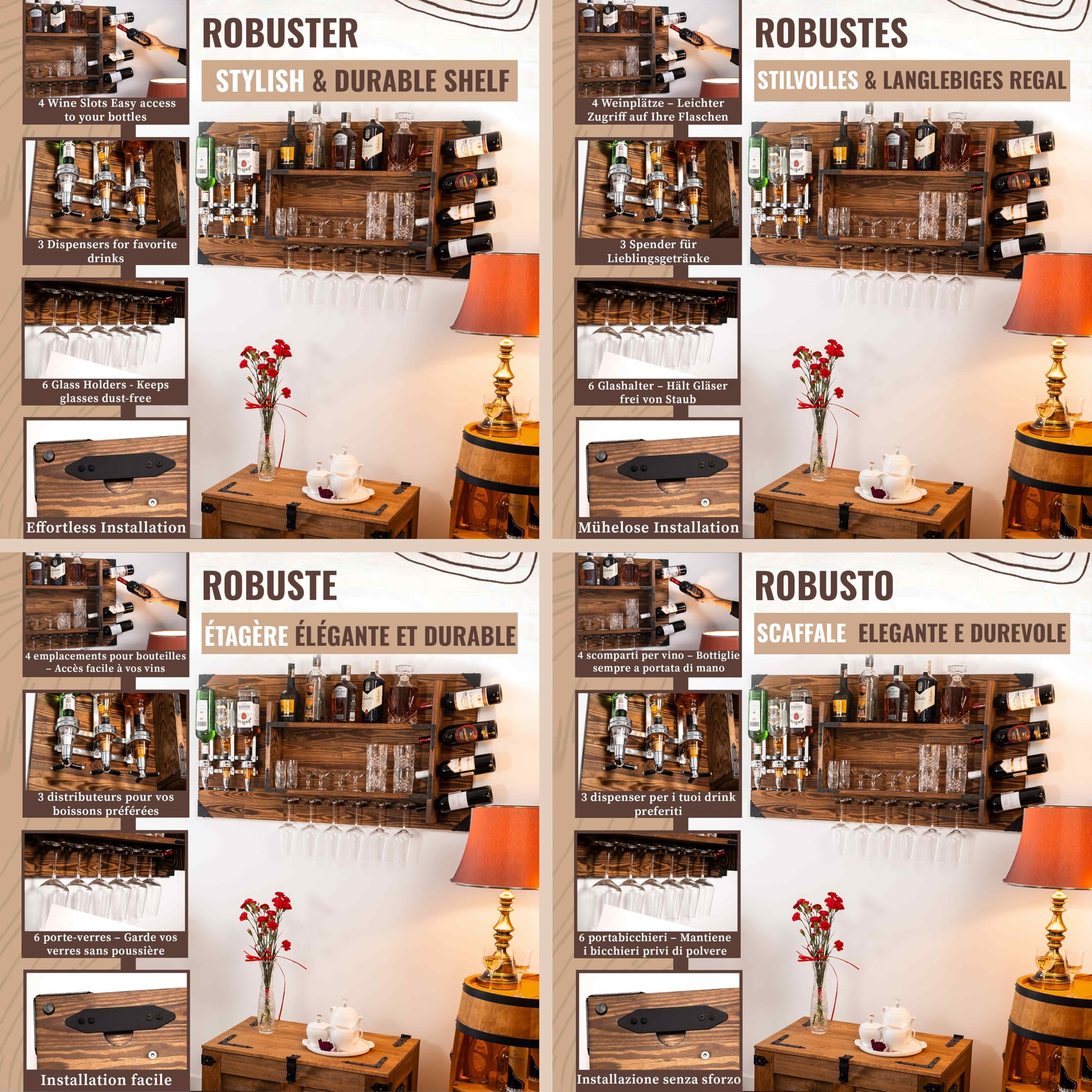 CREATIVE COOPER Scaffale in legno con distributore di bevande, distributore di alcool da parete per 3 bottiglie, 120 x 60 x 14 cm, vintage e rustico, whisky, gin, grappa, regalo barista