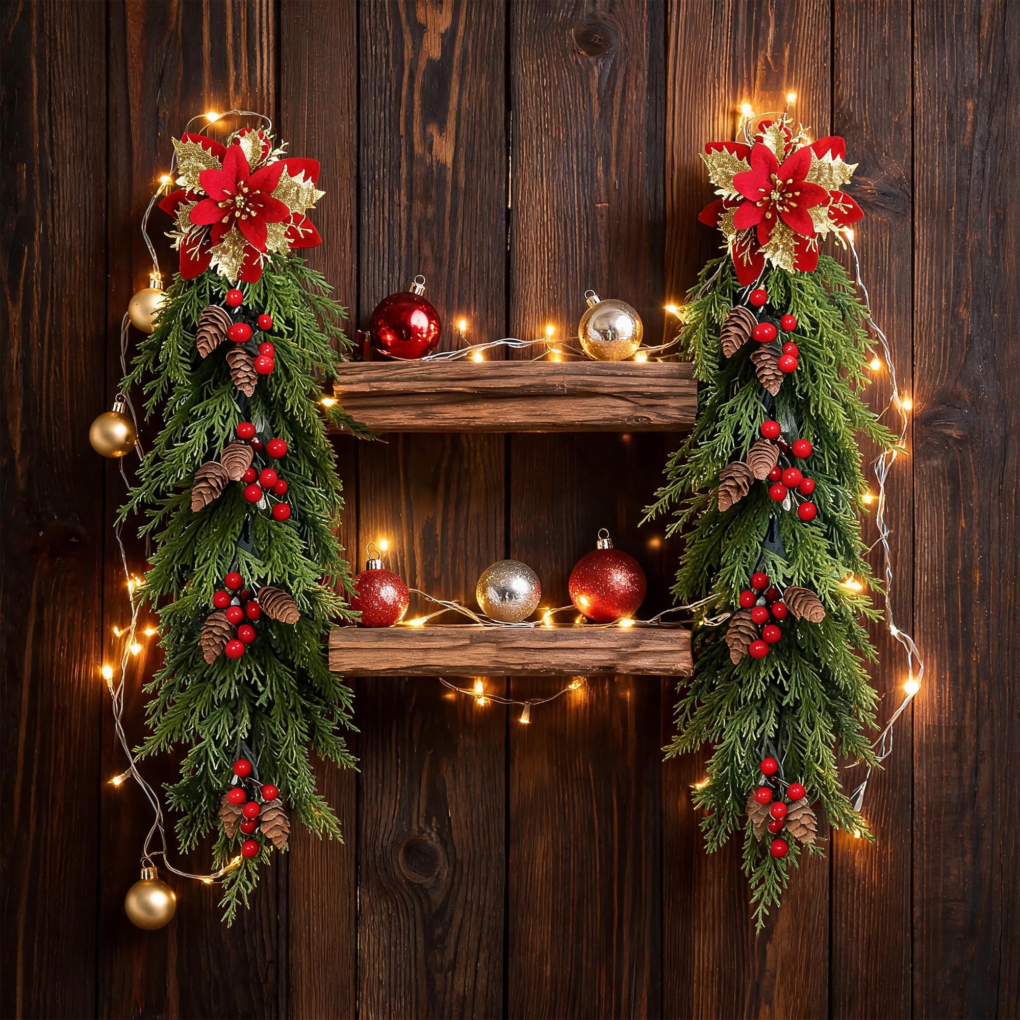 Confezione da 2 ghirlande natalizie artificiali da 63 cm, in pino norfolk, da appendere, con stella di Natale glitterata, bacche rosse e pigne, decorazione natalizia per porta d'ingresso, camino