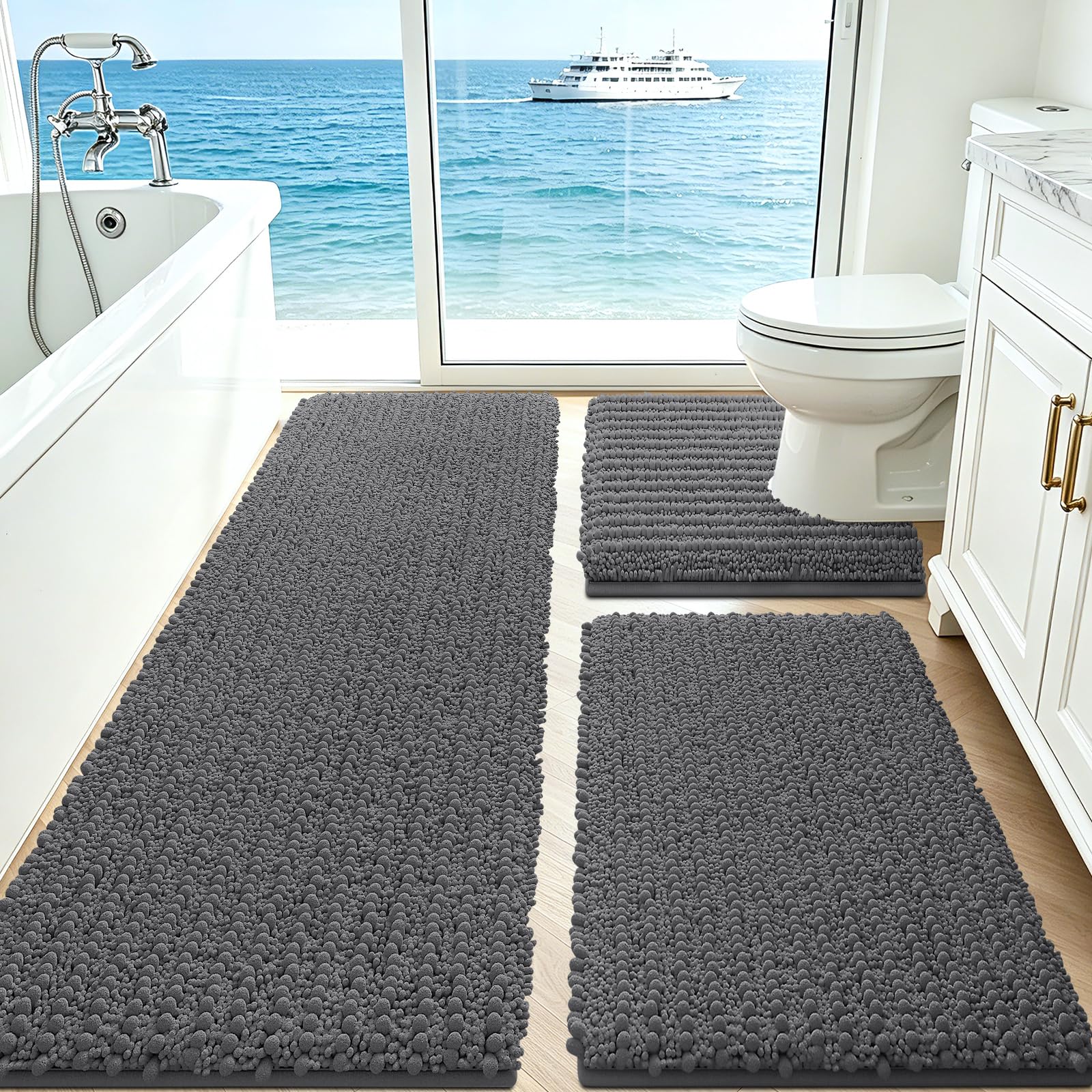 ACCUMTEK Upgrade Extra Large Grey Bathroom Rug Set 3 Pieces Gray Ultra Soft, Thick Absorbent Bath Mats, Non Slip Chenille Toilet Mat for Bathroom, Bedroom, Kitchen, Charcoal
