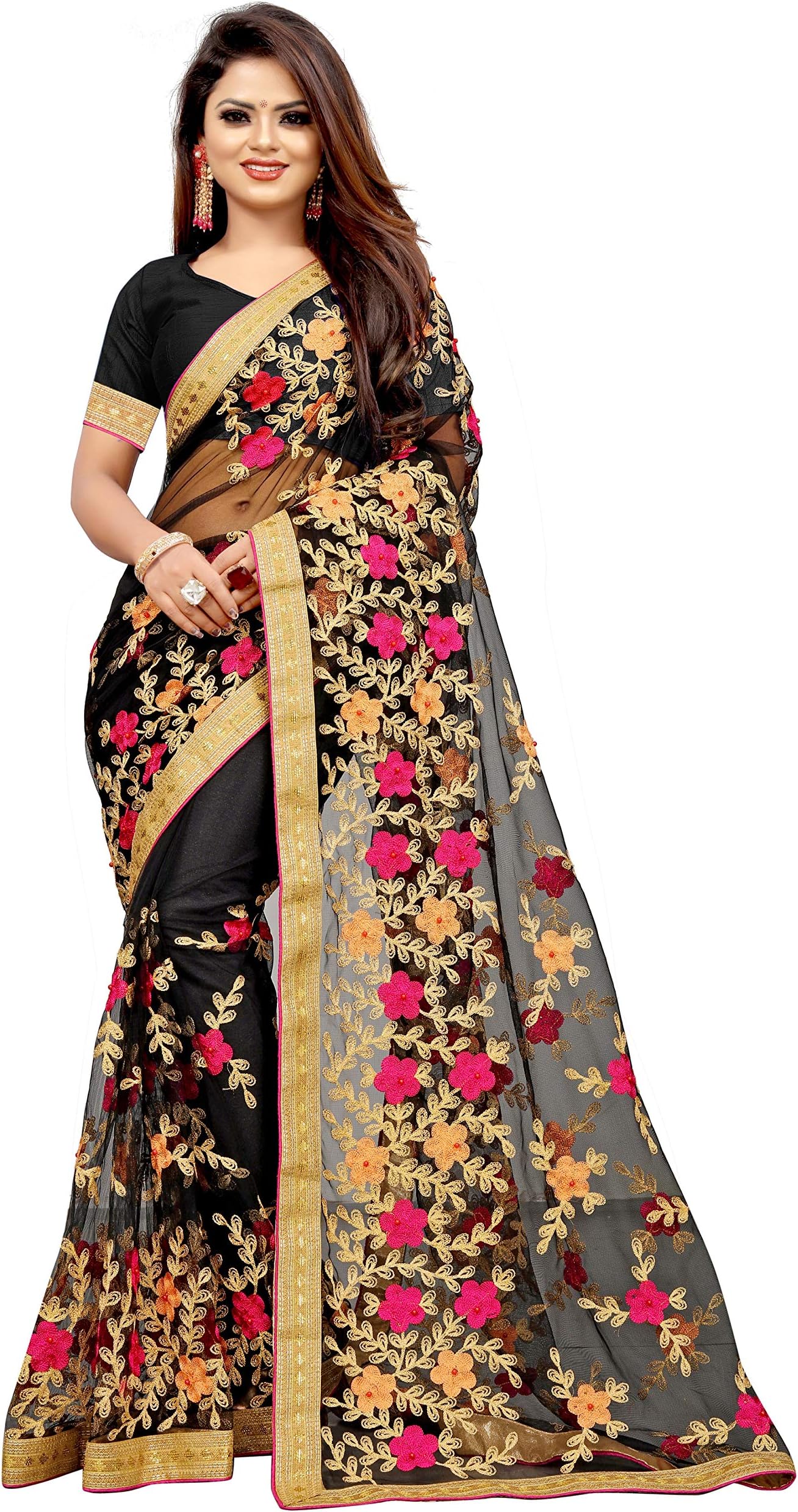 BARKIYA CREATION Women's Net Saree With Unstiched Blouse Piece